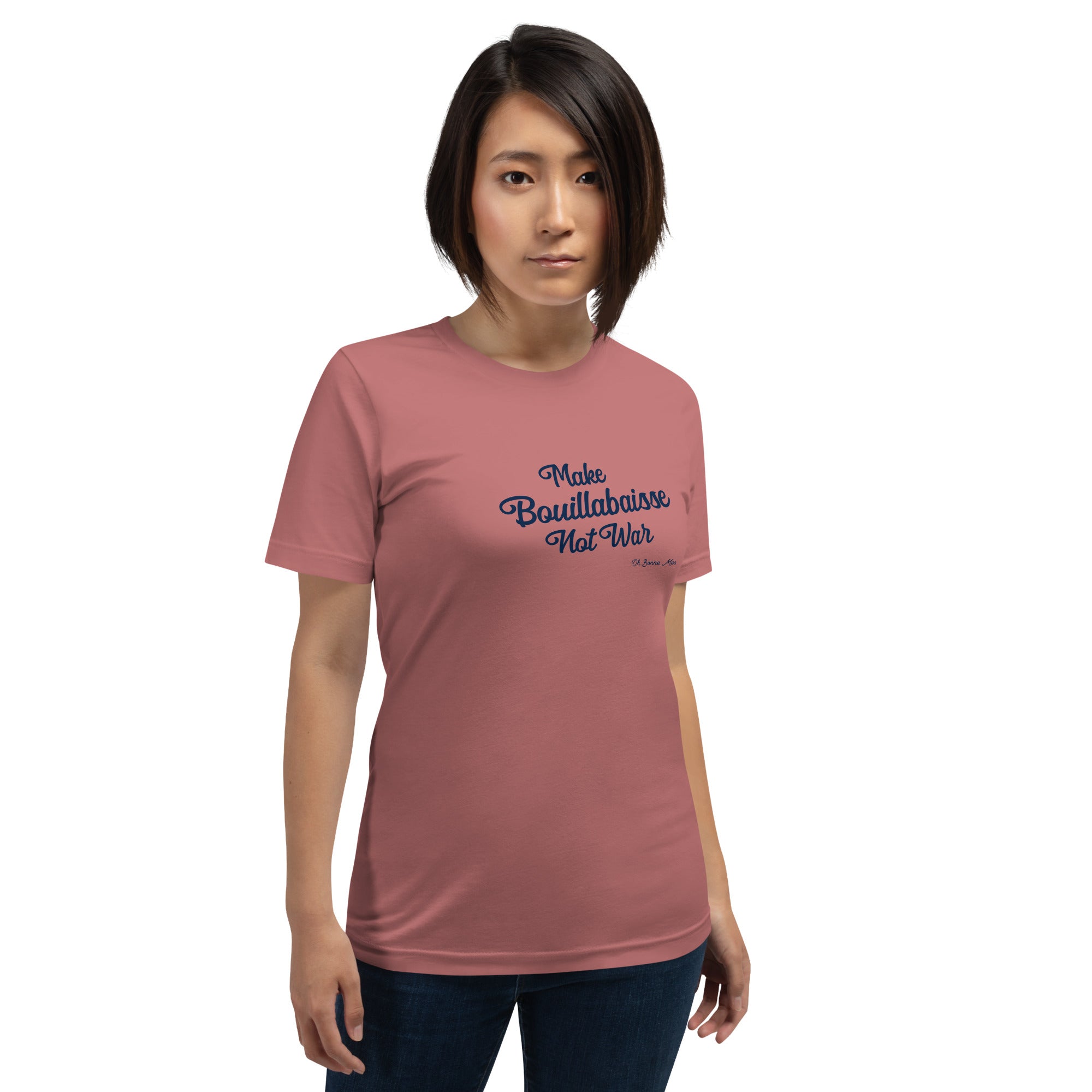 T-shirt en coton unisexe Make Bouillabaisse Not War Text Only Navy sur couleurs vives