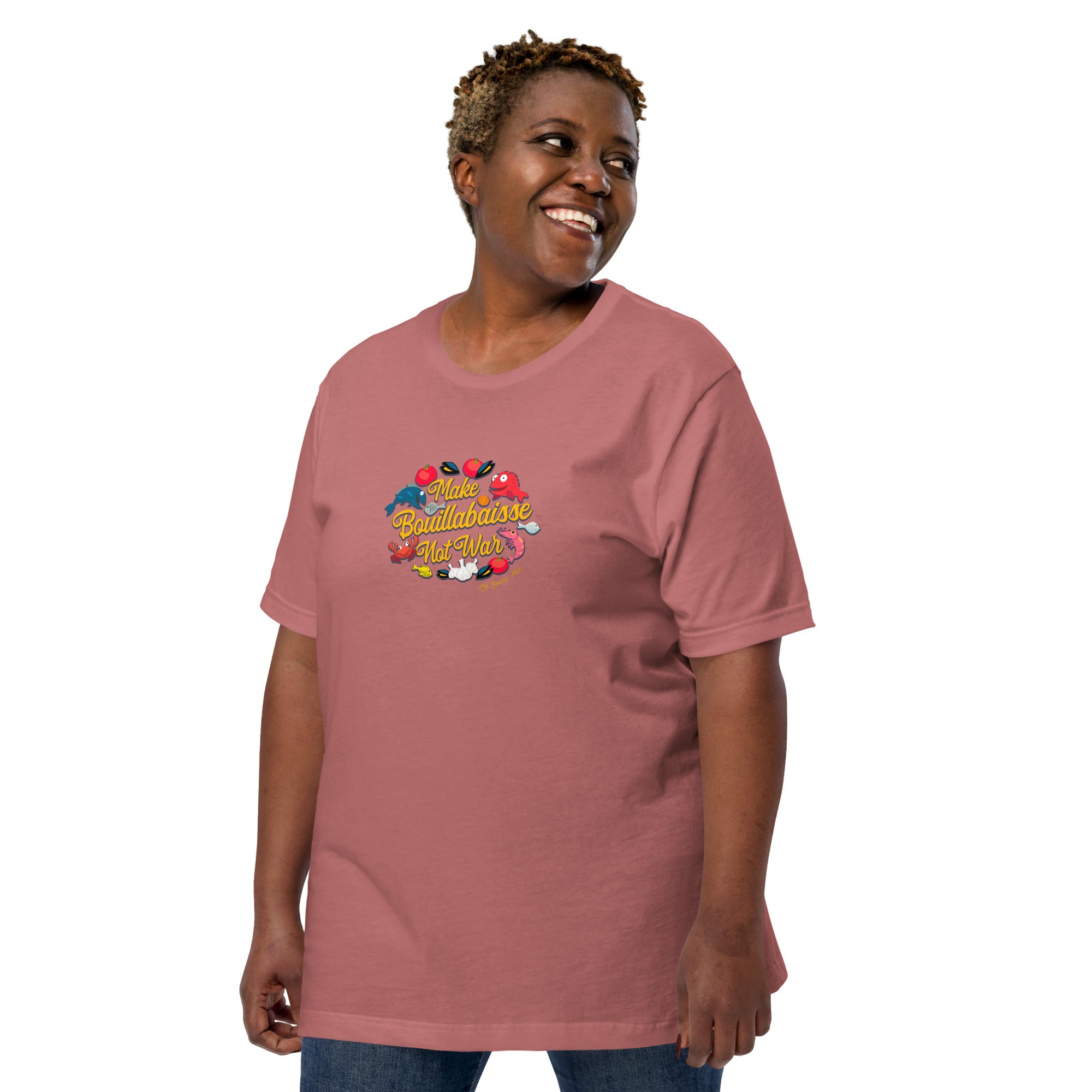 T-shirt en coton unisexe Make Bouillabaisse Not War sur couleurs vives