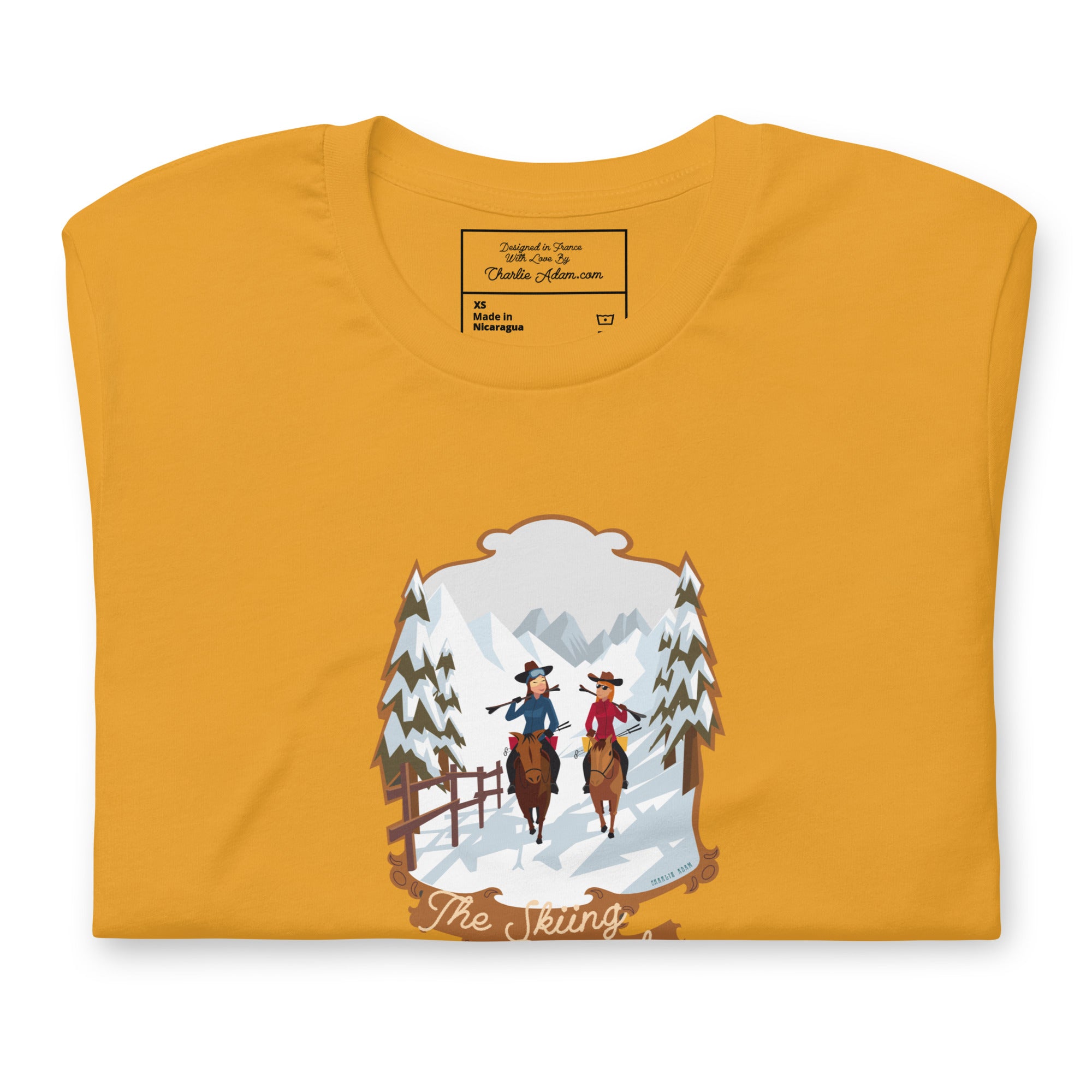 Unisex cotton t-shirt The Skiing Cowgirl on bright colors