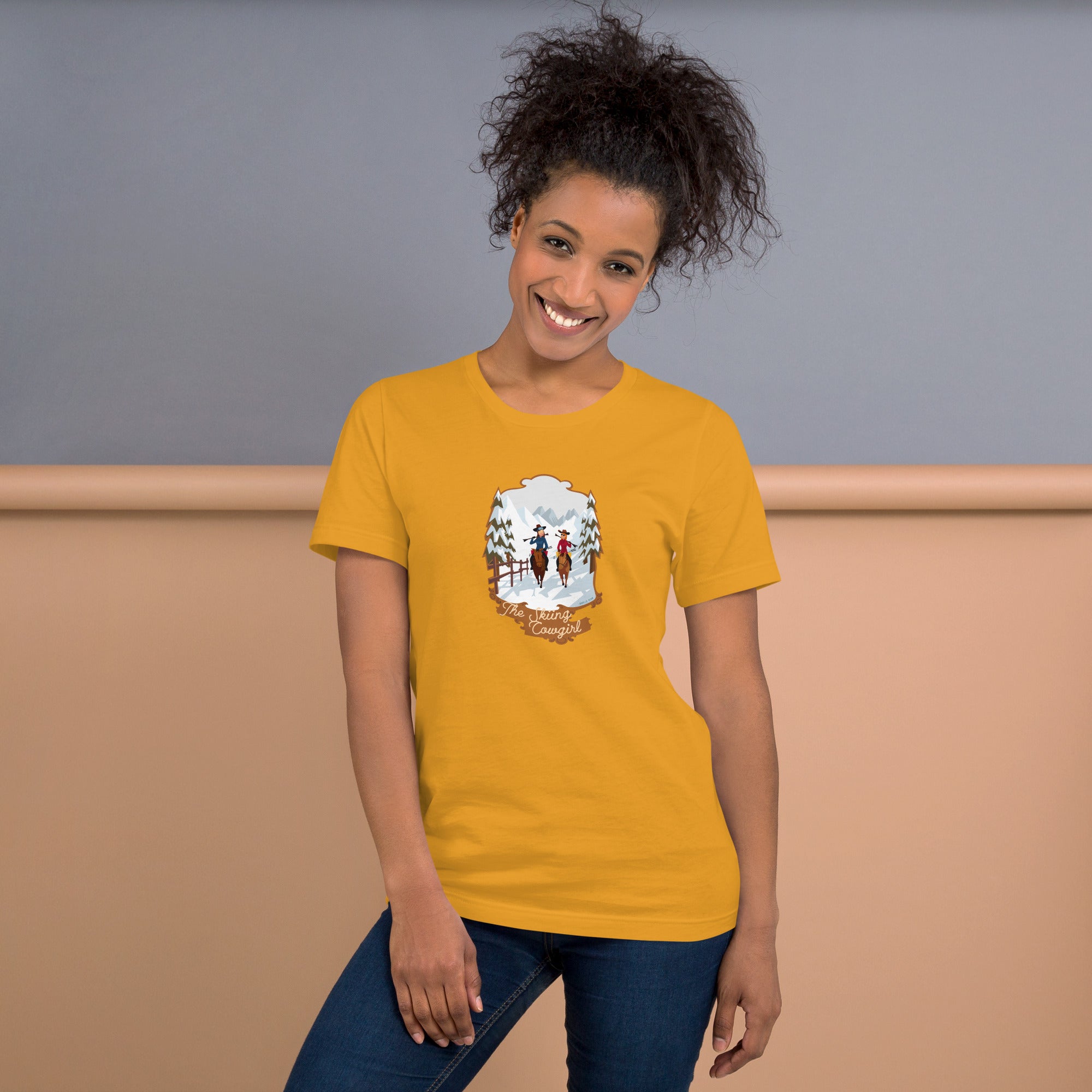 Unisex cotton t-shirt The Skiing Cowgirl on bright colors