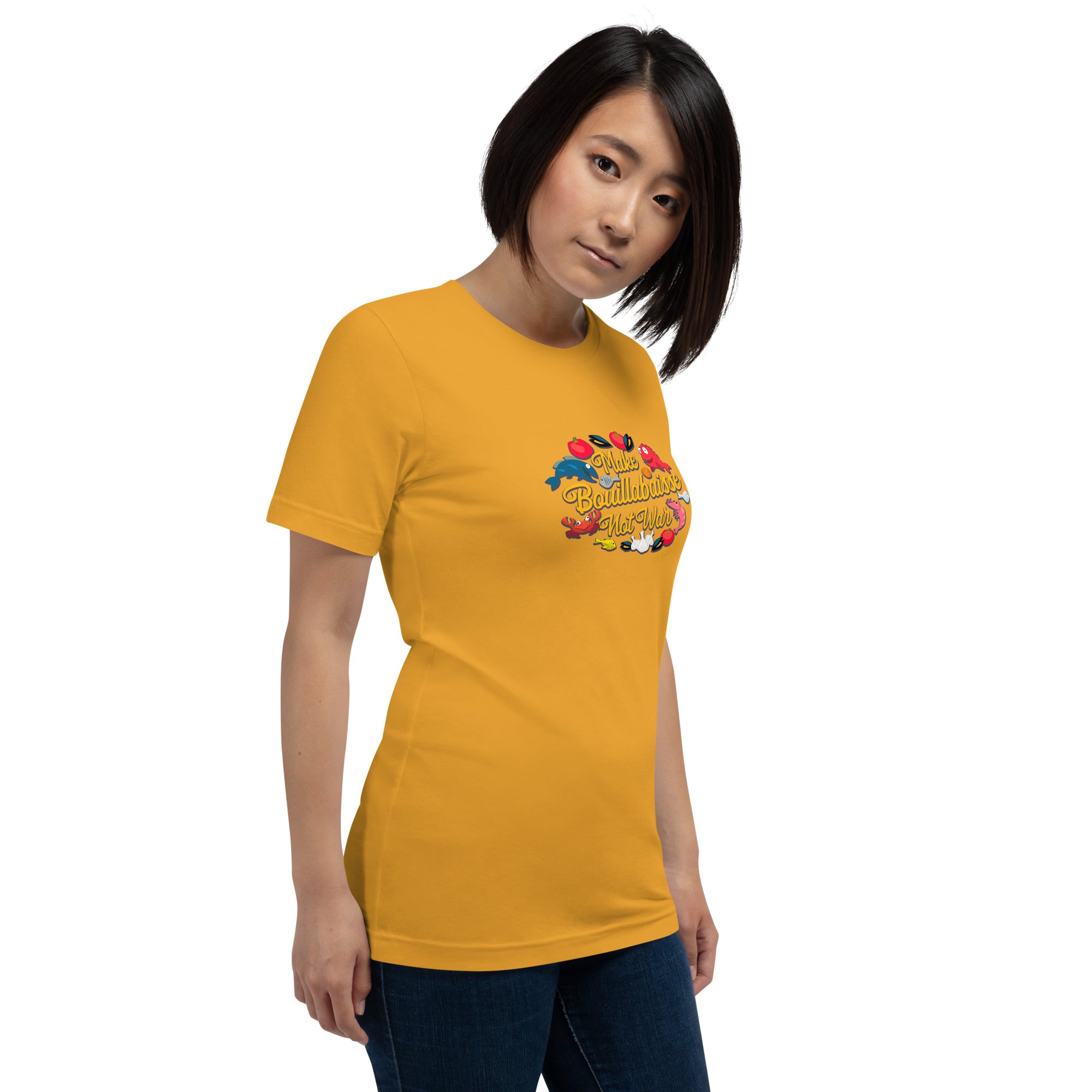 Unisex cotton t-shirt Make Bouillabaisse Not War on bright colors