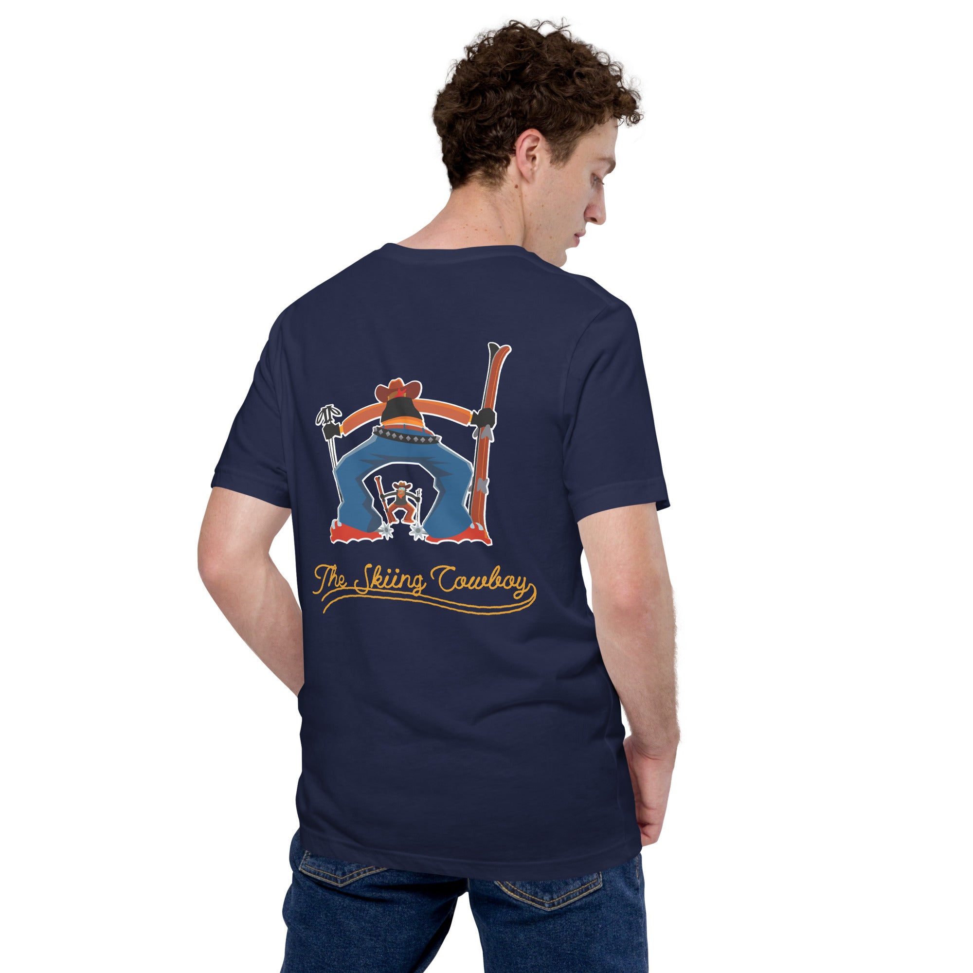 Unisex t-shirt Skiing Cowboy (front) & Ski Fight at OK Corral Outline (back)