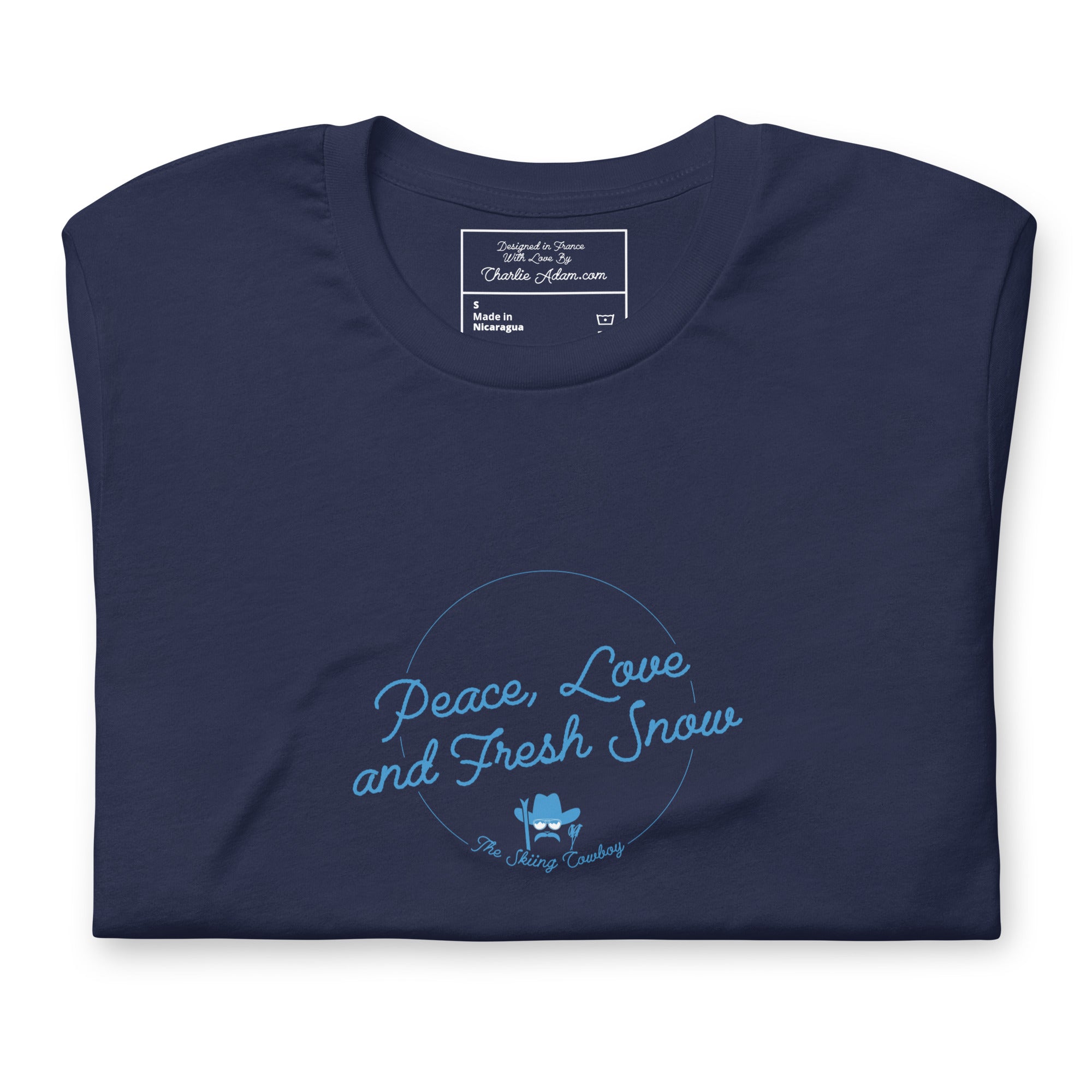 Unisex cotton t-shirt Peace, Love and Fresh Snow on dark colors