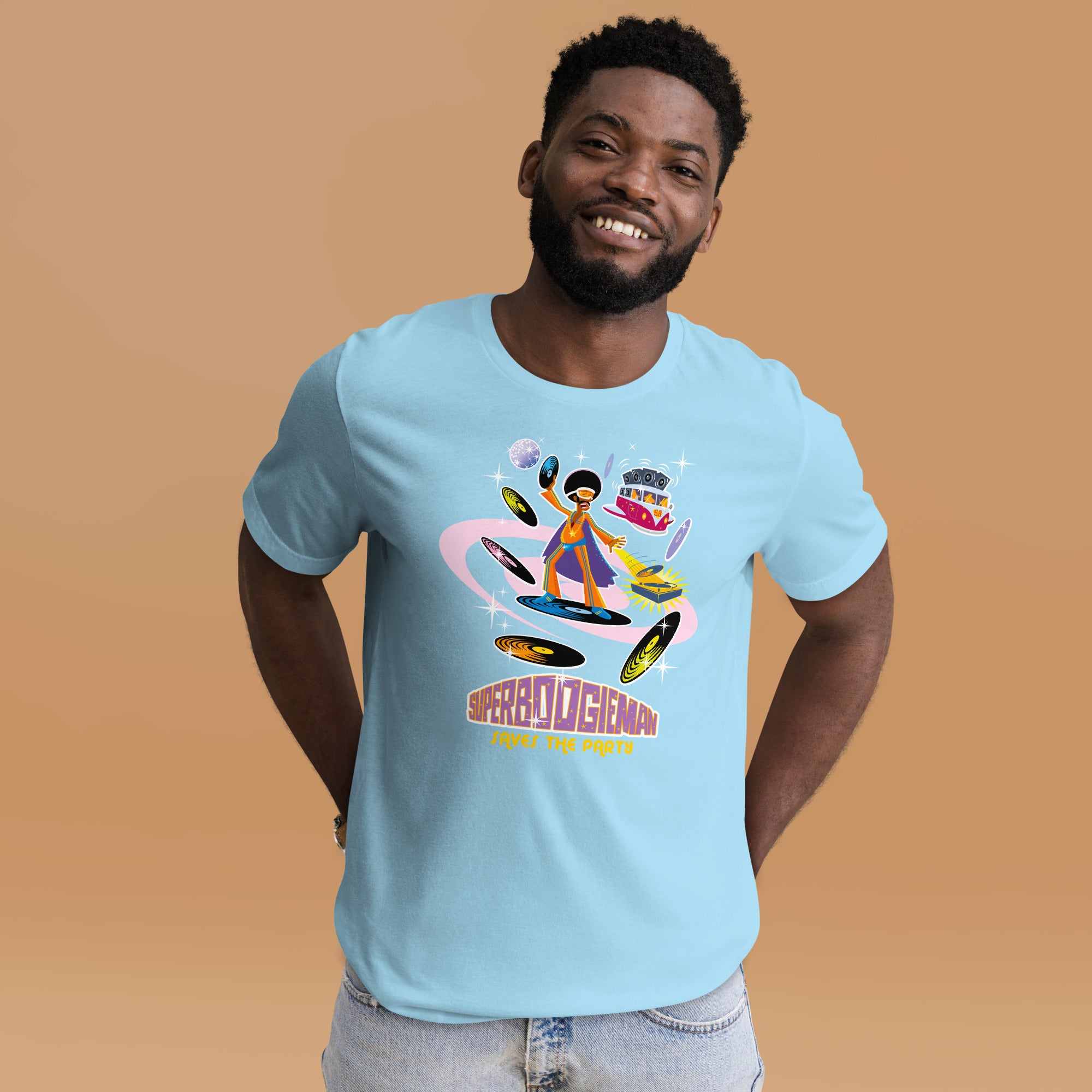 T-shirt en coton unisexe Superboogieman saves the party sur couleurs vives