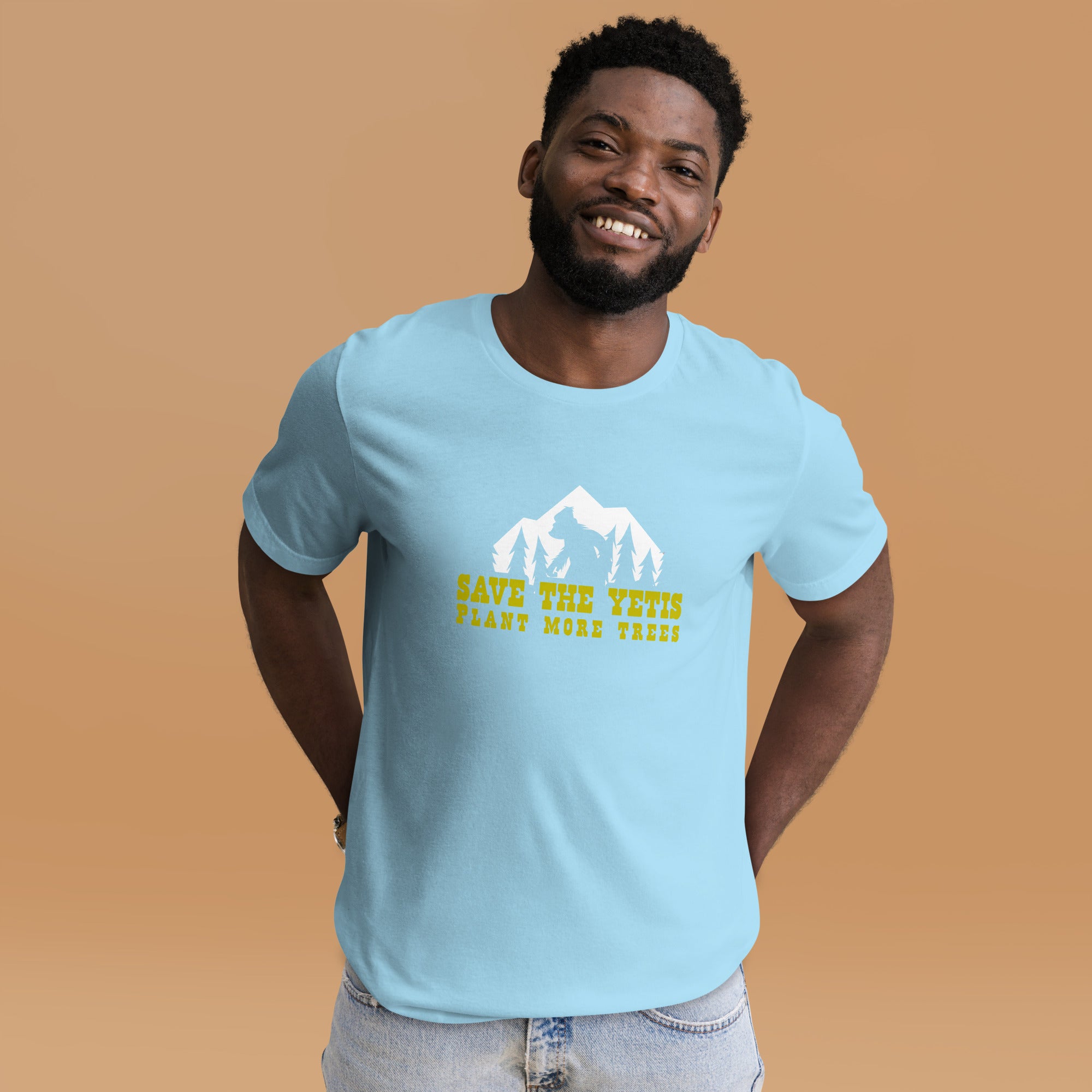 T-shirt en coton unisexe Save the Yetis Plant more Trees sur couleurs vives (face & dos)