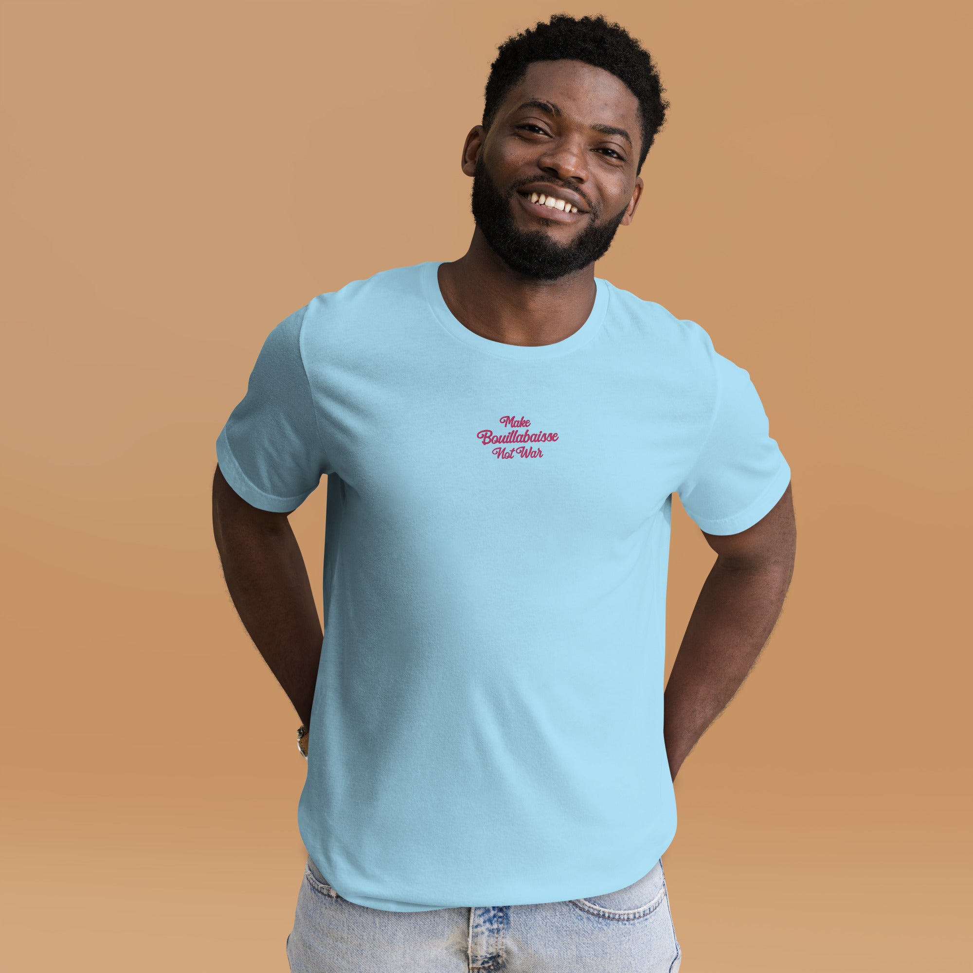 Unisex t-shirt Make Bouillabaisse Not War Text Only flamingo embroidered pattern on light colors