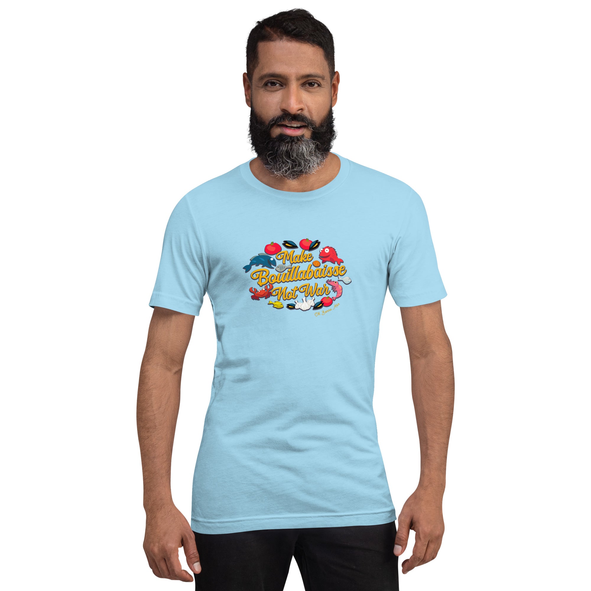 T-shirt en coton unisexe Make Bouillabaisse Not War sur couleurs vives