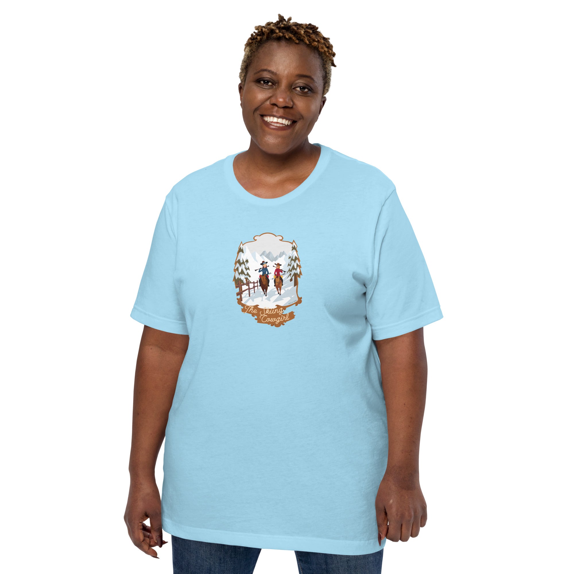 Unisex cotton t-shirt The Skiing Cowgirl on bright colors