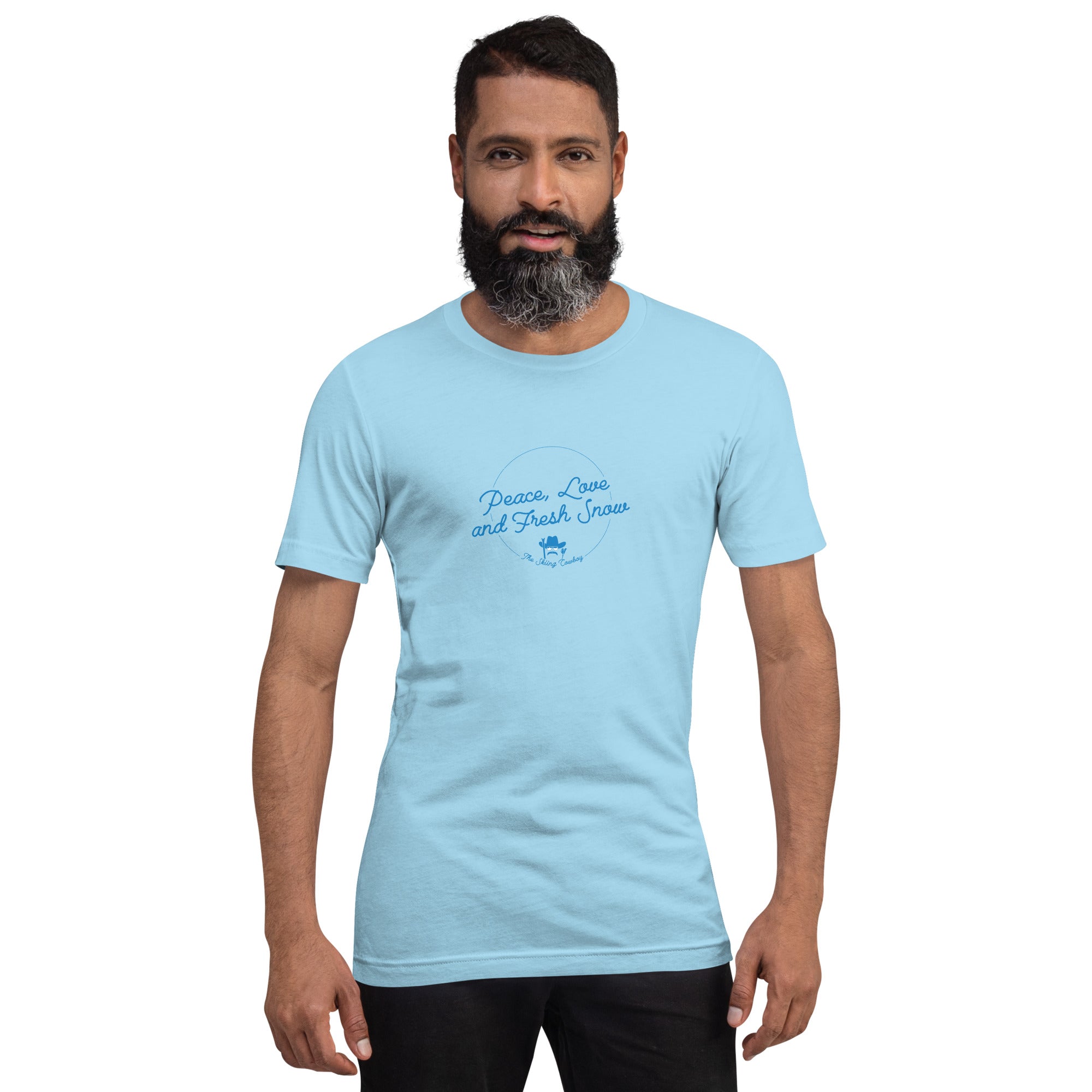 Unisex cotton t-shirt Peace, Love and Fresh Snow on bright colors