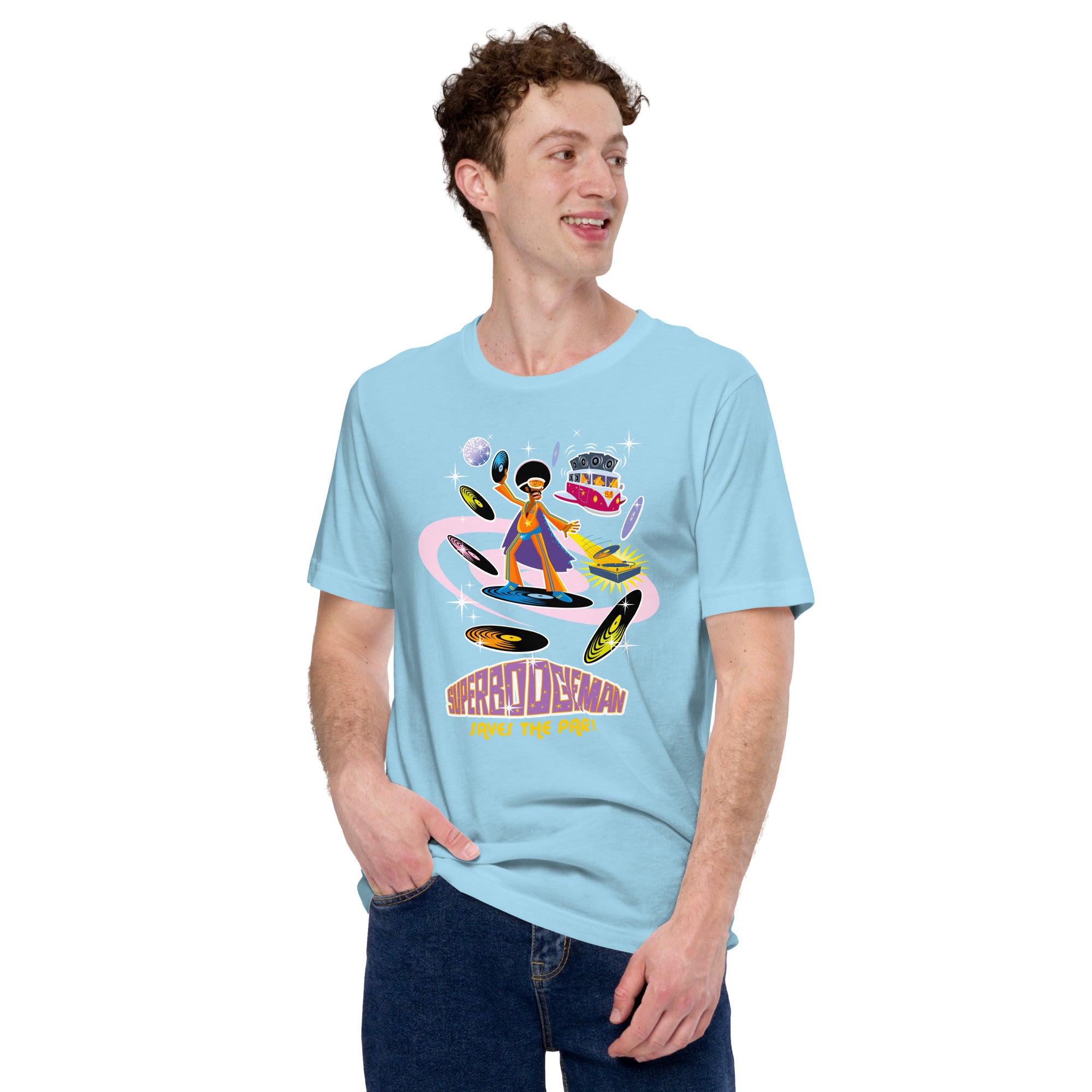 Unisex cotton t-shirt Superboogieman saves the Party on bright colors