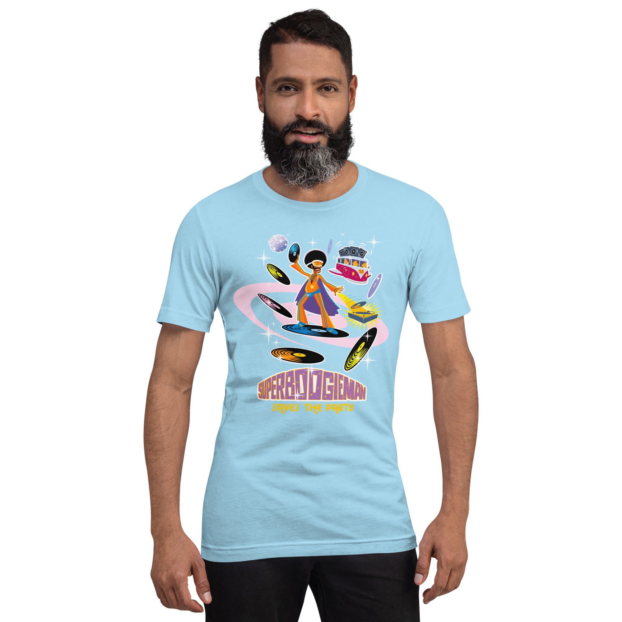 T-shirt en coton unisexe Superboogieman saves the party sur couleurs vives