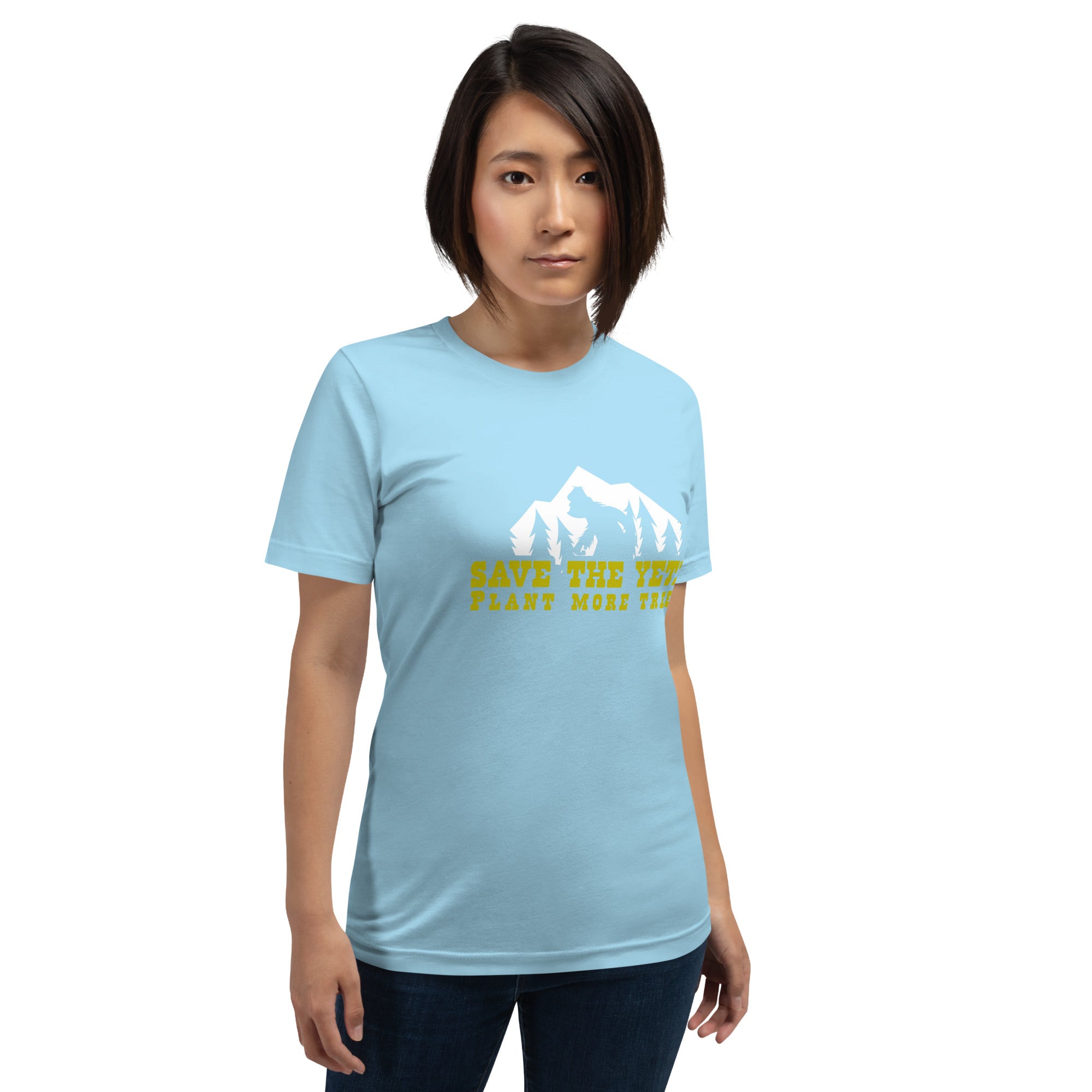 T-shirt en coton unisexe Save the Yetis Plant more Trees sur couleurs vives (face & dos)