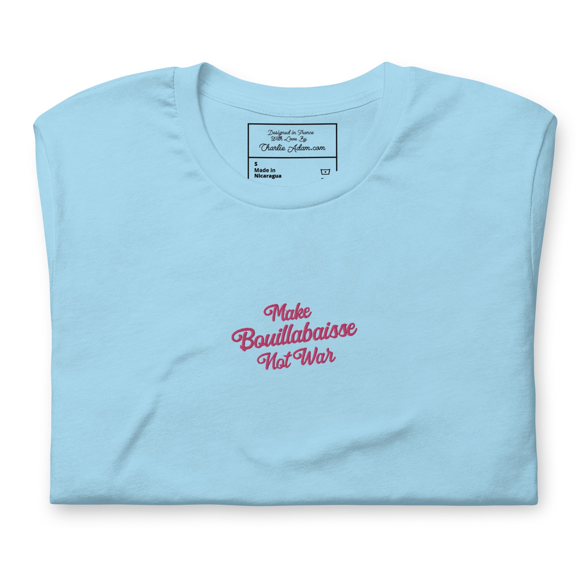 Unisex t-shirt Make Bouillabaisse Not War Text Only flamingo embroidered pattern on light colors