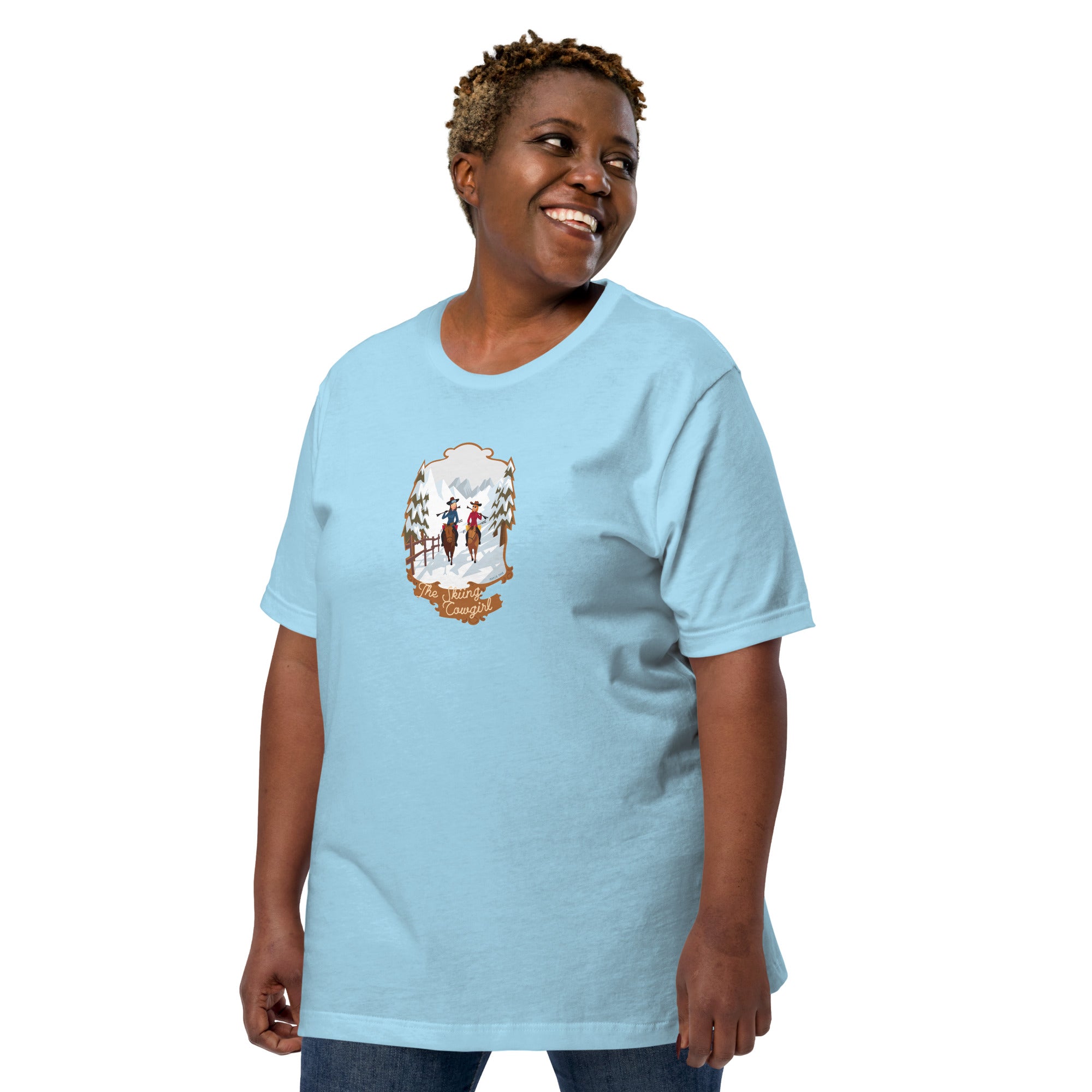 Unisex cotton t-shirt The Skiing Cowgirl on bright colors