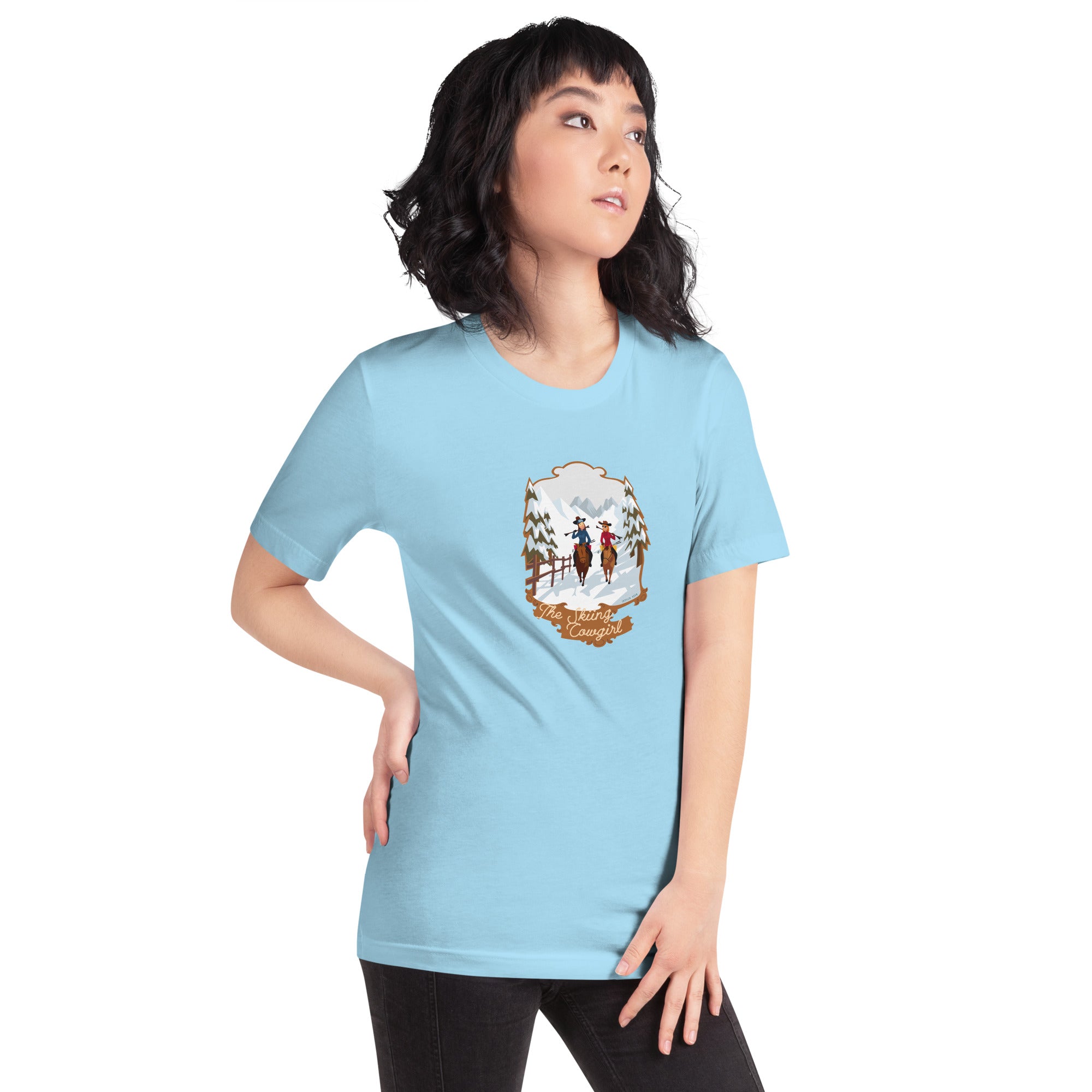 T-shirt en coton unisexe The Skiing Cowgirl sur fond clair