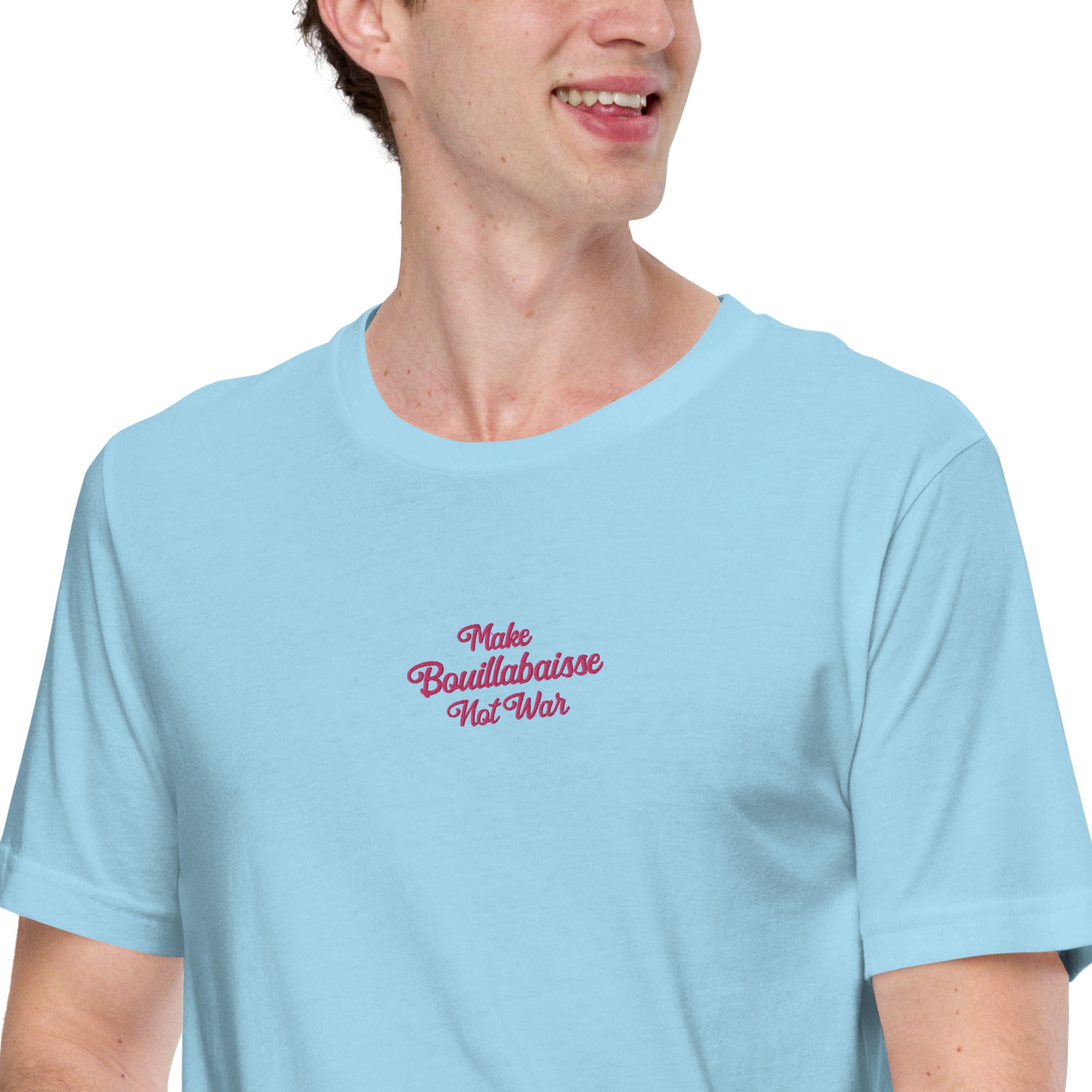 Unisex t-shirt Make Bouillabaisse Not War Text Only flamingo embroidered pattern on light colors