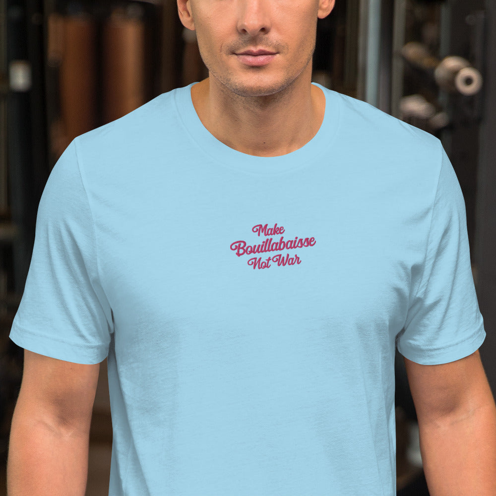 Unisex t-shirt Make Bouillabaisse Not War Text Only flamingo embroidered pattern on light colors