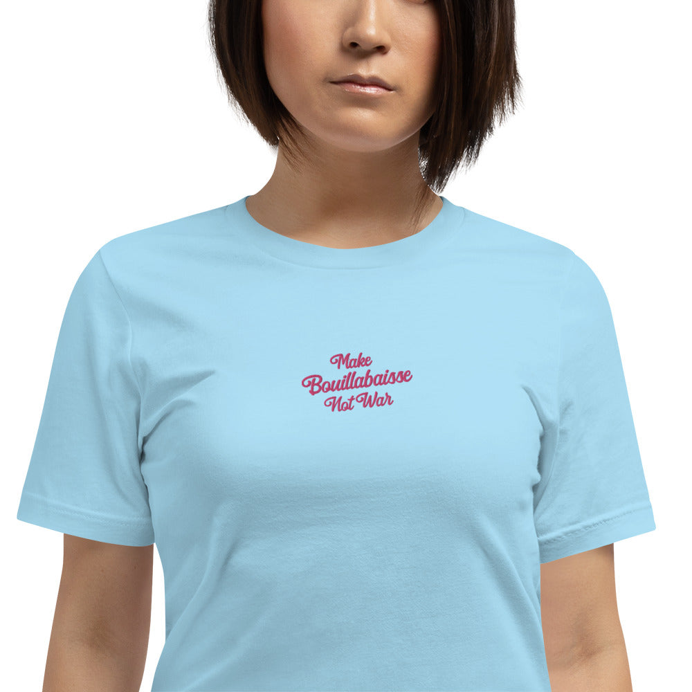 Unisex t-shirt Make Bouillabaisse Not War Text Only flamingo embroidered pattern on light colors