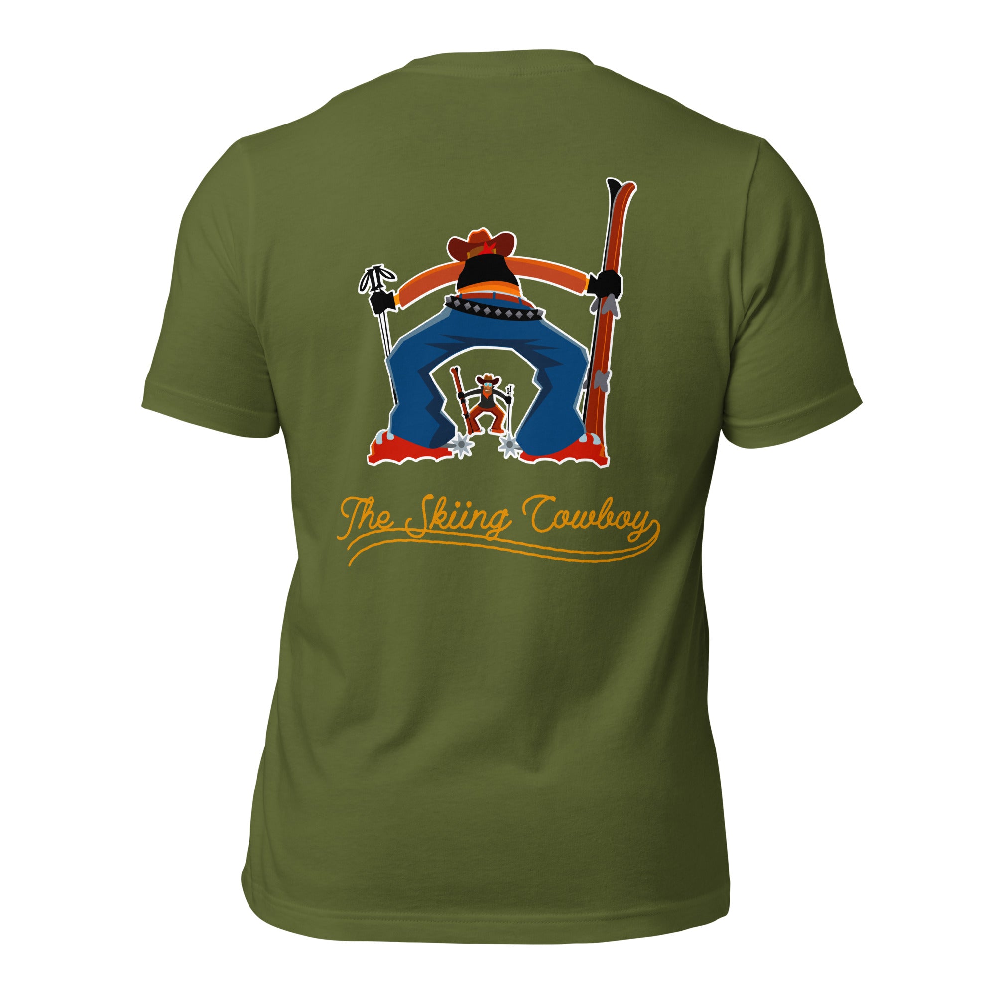 Unisex t-shirt Skiing Cowboy (front) & Ski Fight at OK Corral Outline (back)