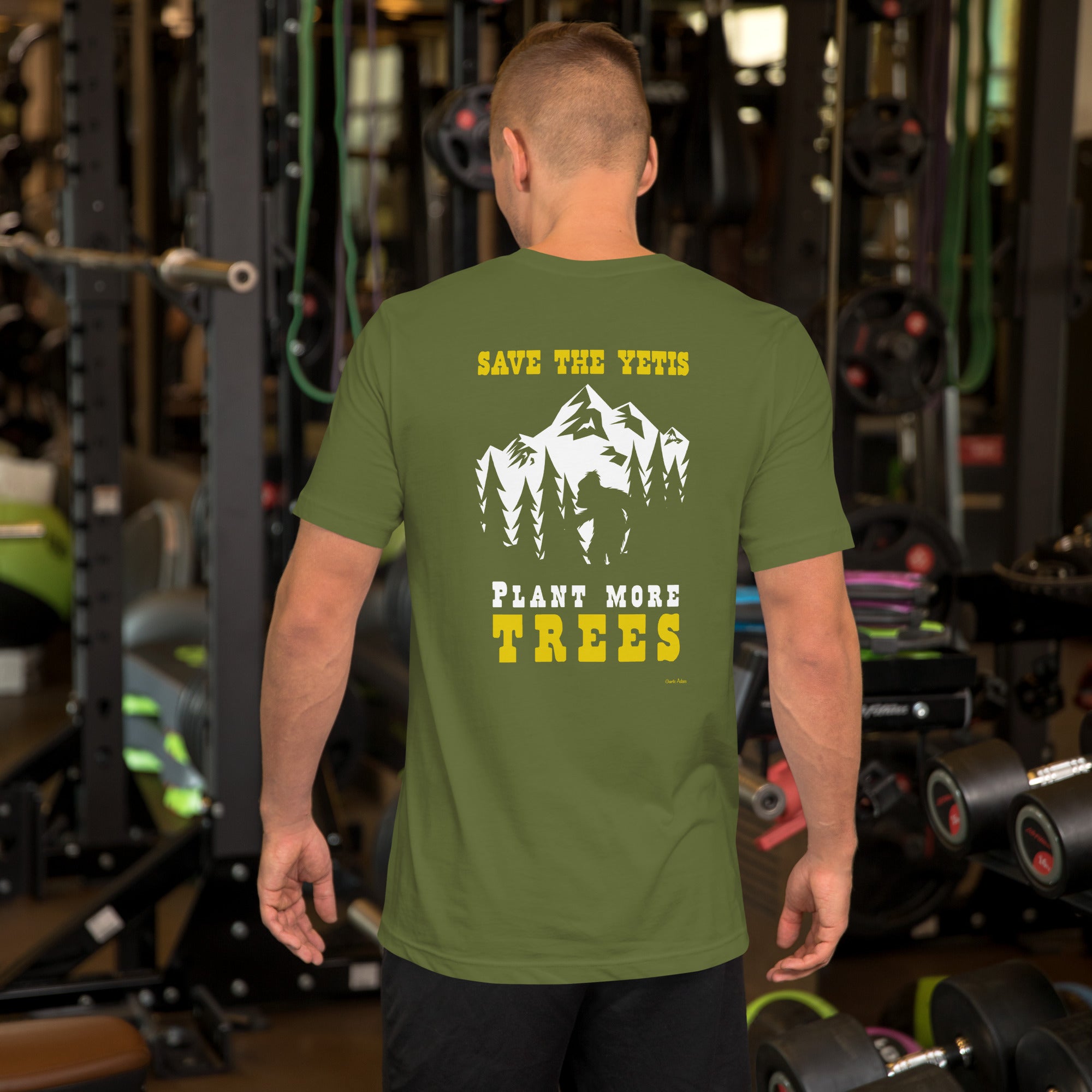 Unisex cotton t-shirt Save the Yetis Plant more Trees on Green (front & back)