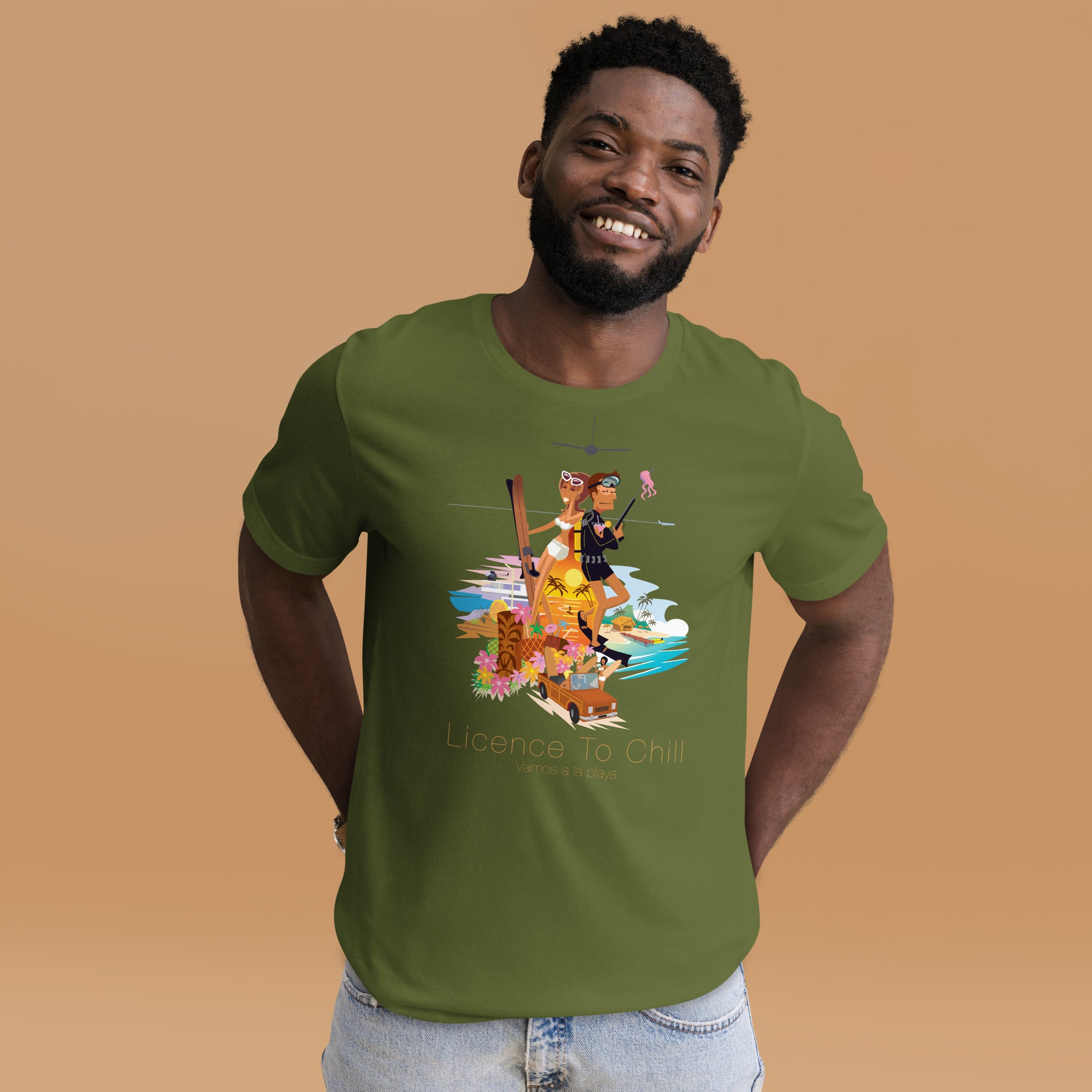 Unisex cotton t-shirt License to Chill Vamos a la Playa on Green