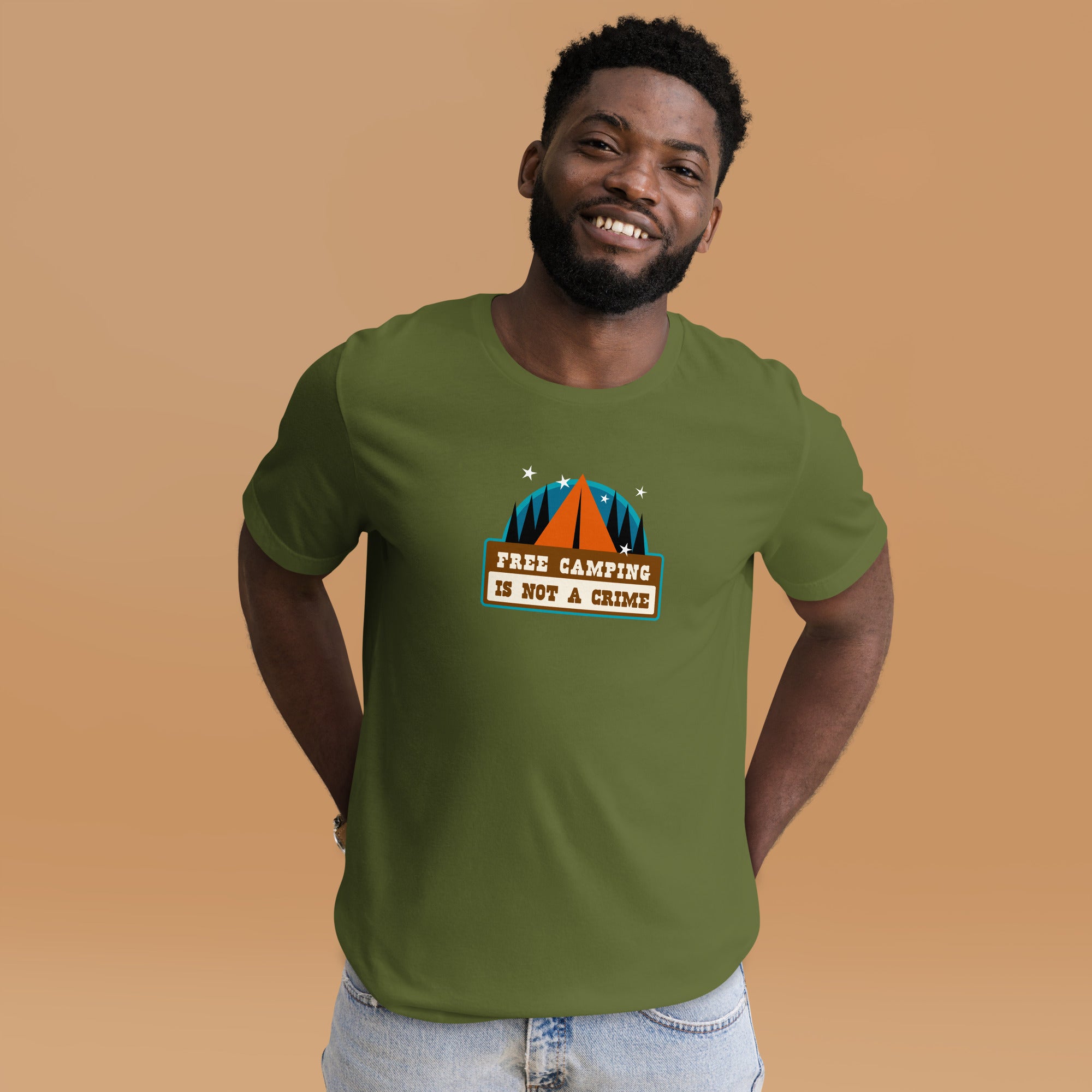 Unisex cotton t-shirt Free Camping is not a Crime on greens