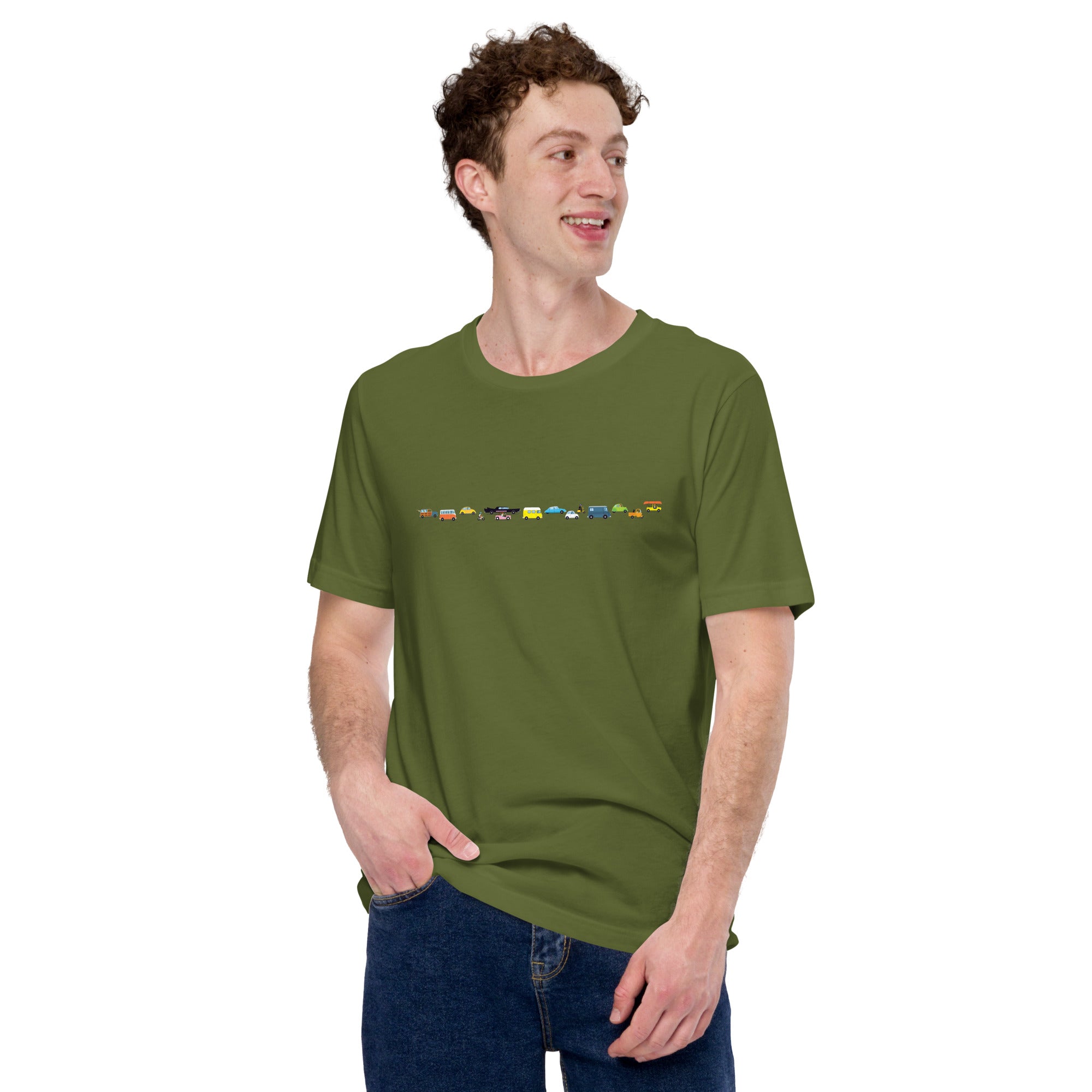 T-shirt en coton unisexe Vintage Cars Traffic Jam sur fond sombre