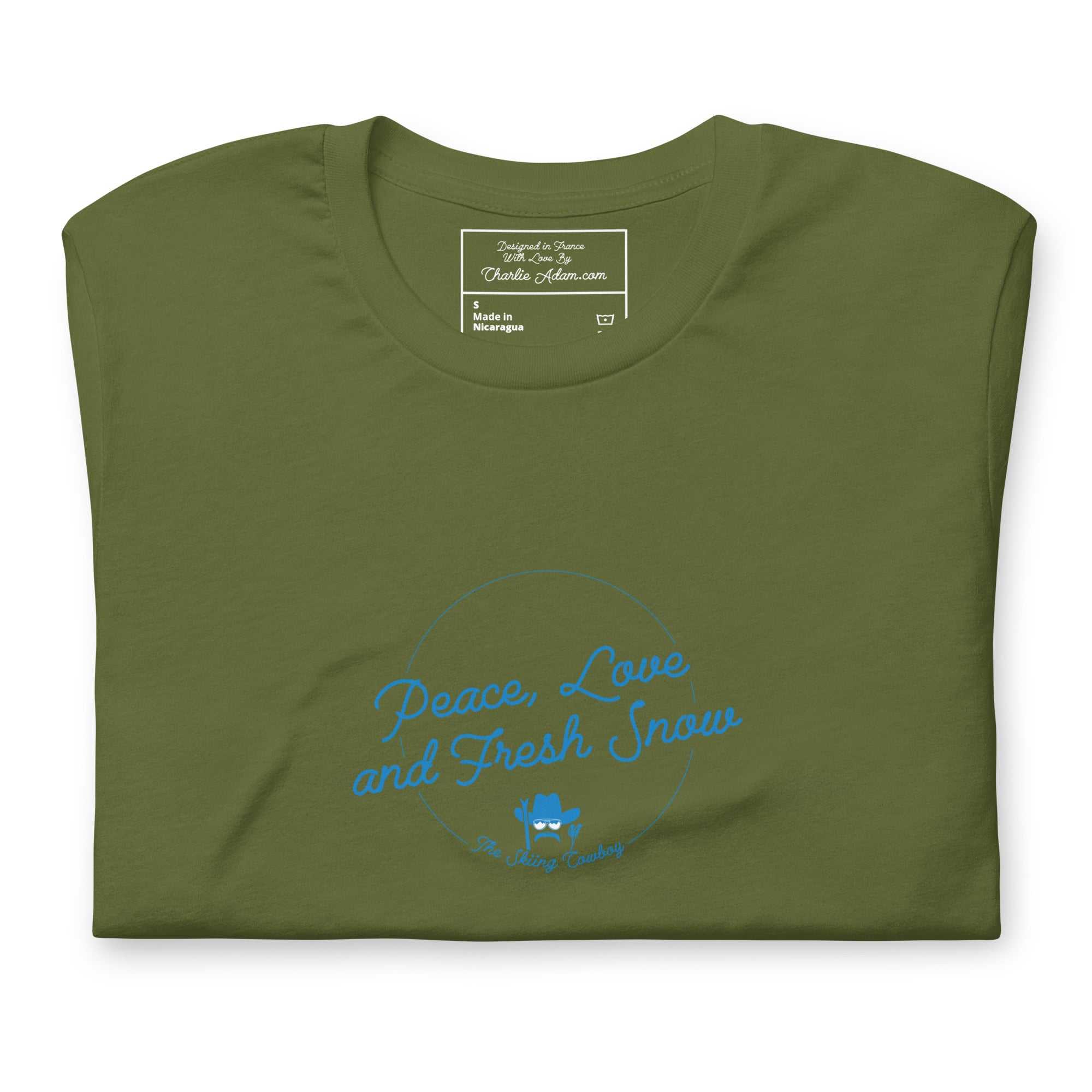 T-shirt en coton unisexe Peace, Love and Fresh Snow sur couleurs foncées