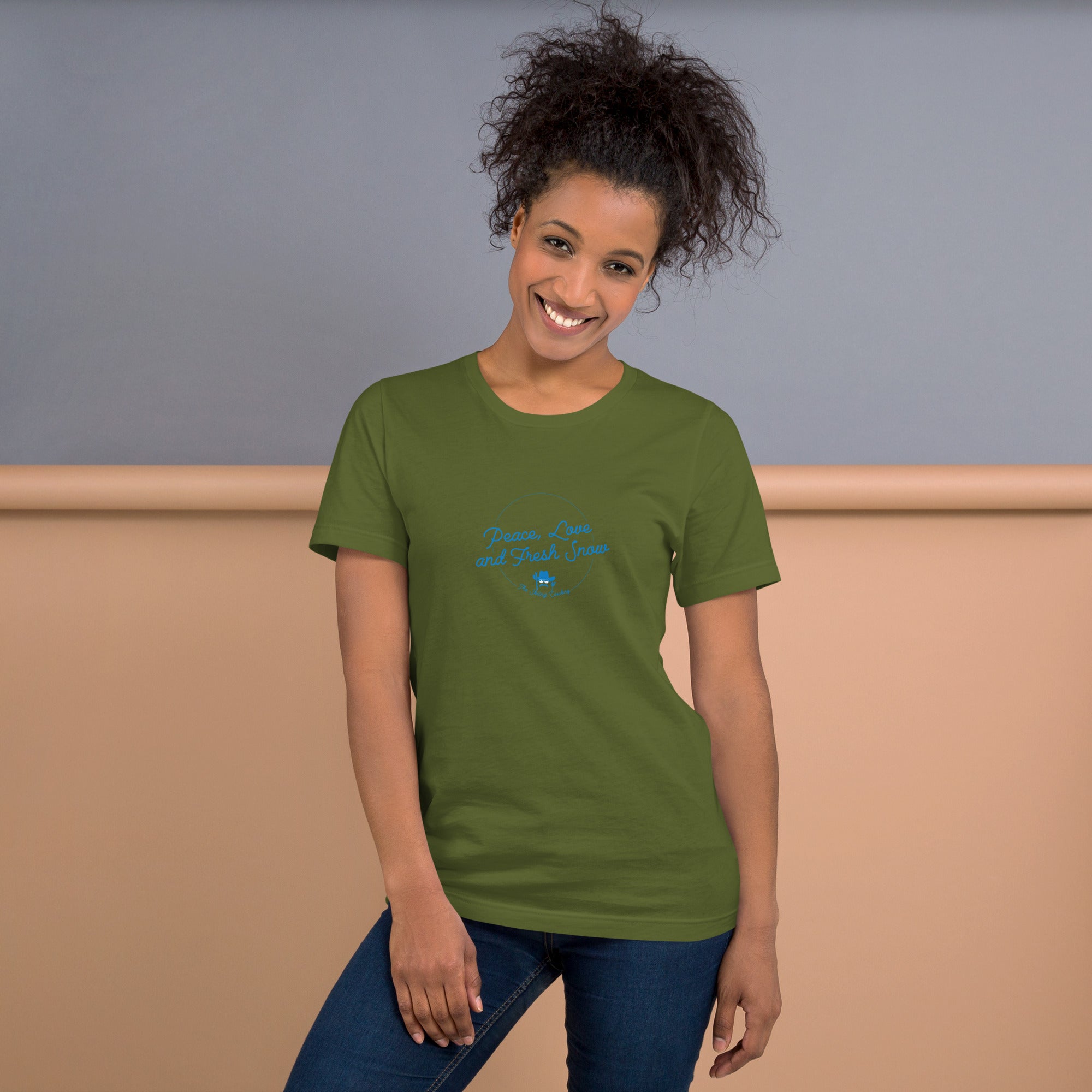 Unisex cotton t-shirt Peace, Love and Fresh Snow on dark colors