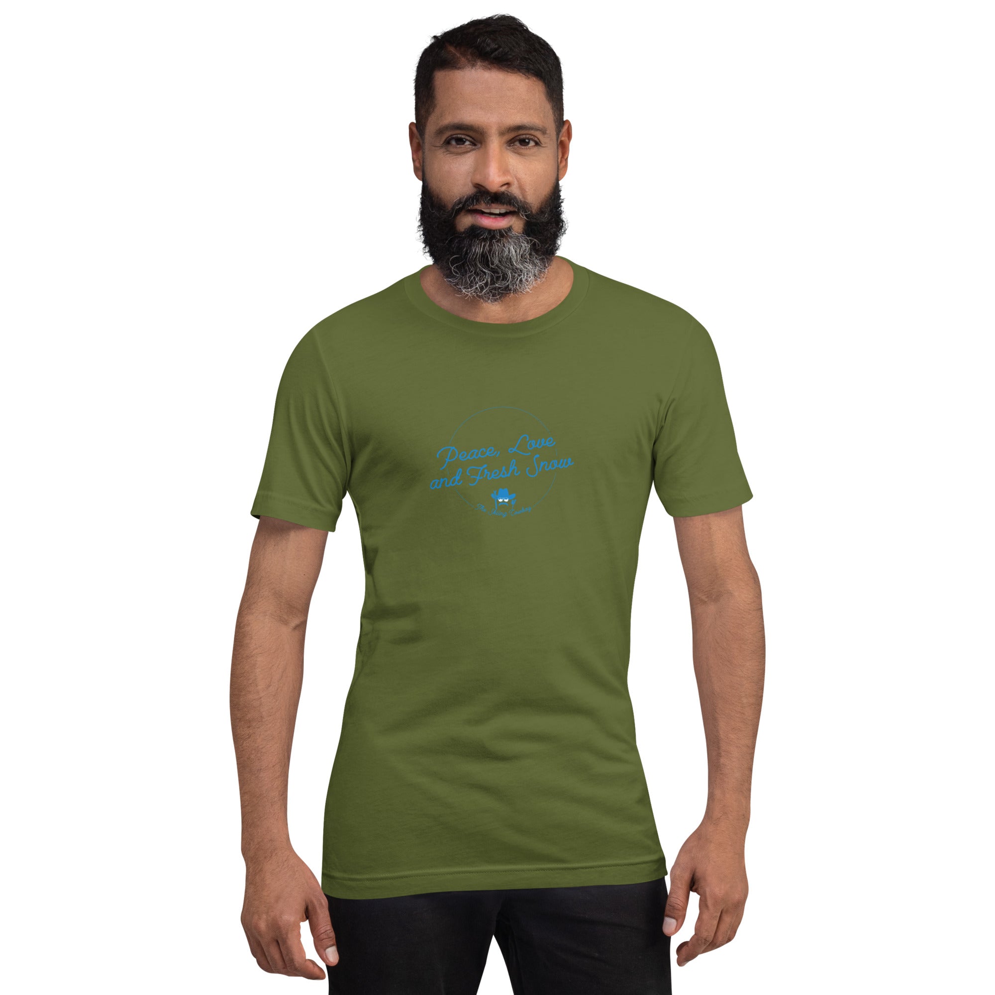 Unisex cotton t-shirt Peace, Love and Fresh Snow on dark colors