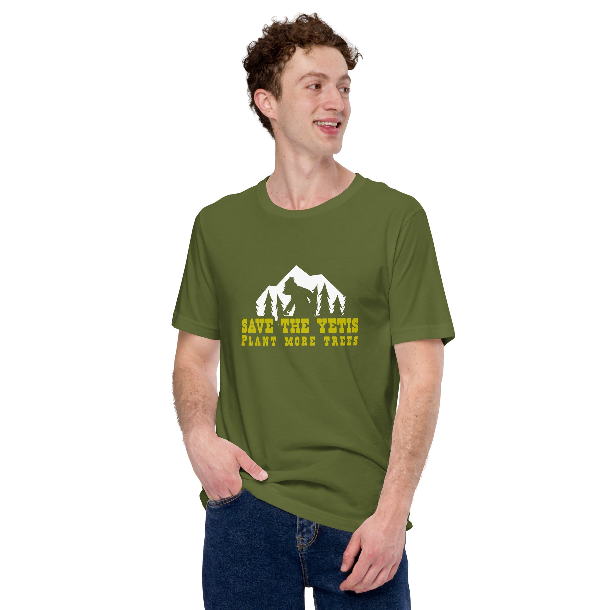 Unisex cotton t-shirt Save the Yetis Plant more Trees on Green (front & back)