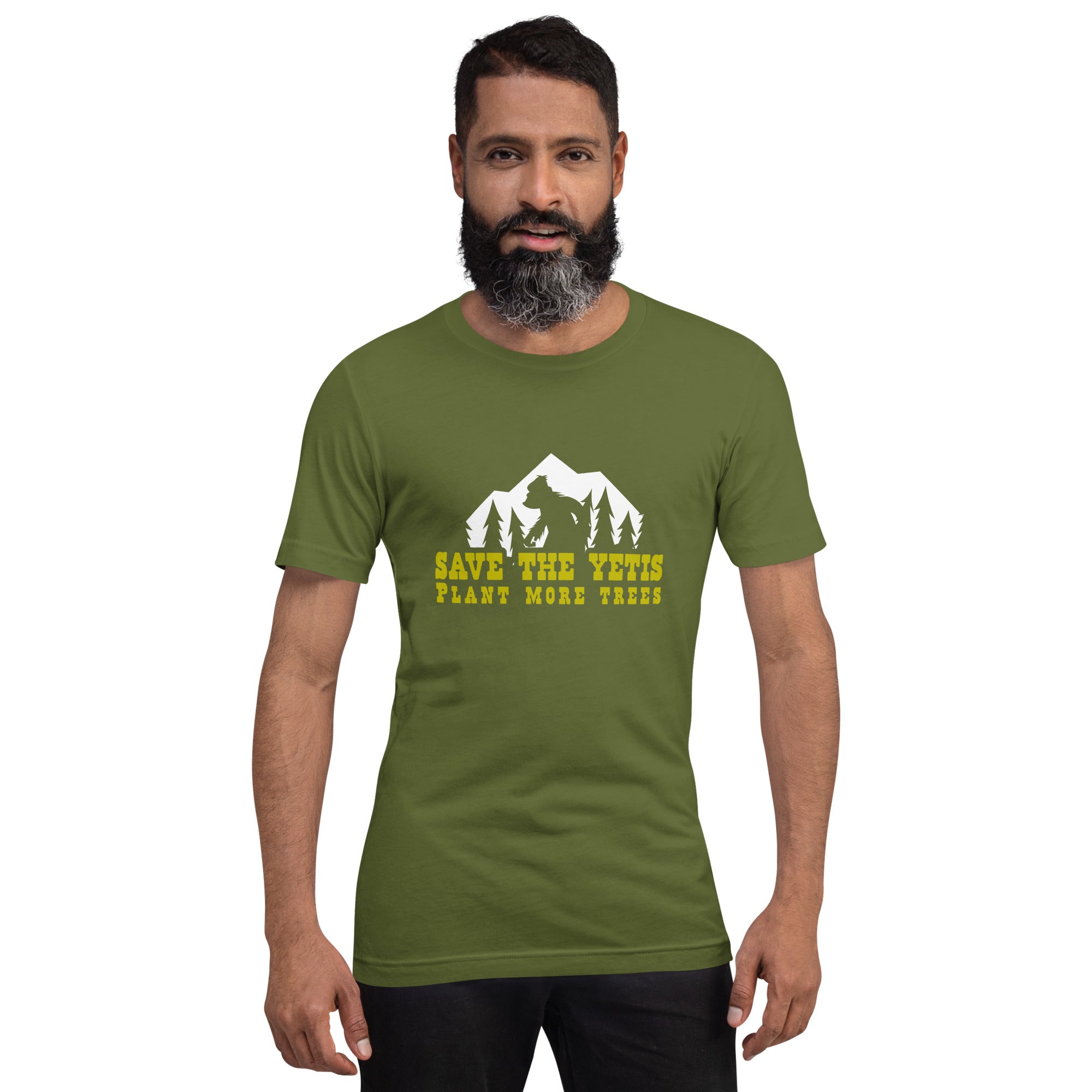 T-shirt en coton unisexe Save the Yetis Plant more Trees sur verts (face & dos)