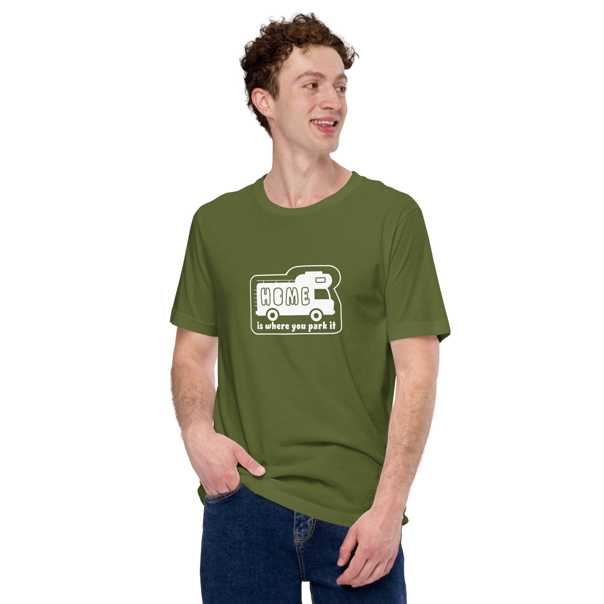 Unisex cotton t-shirt Bold Camper Van on greens