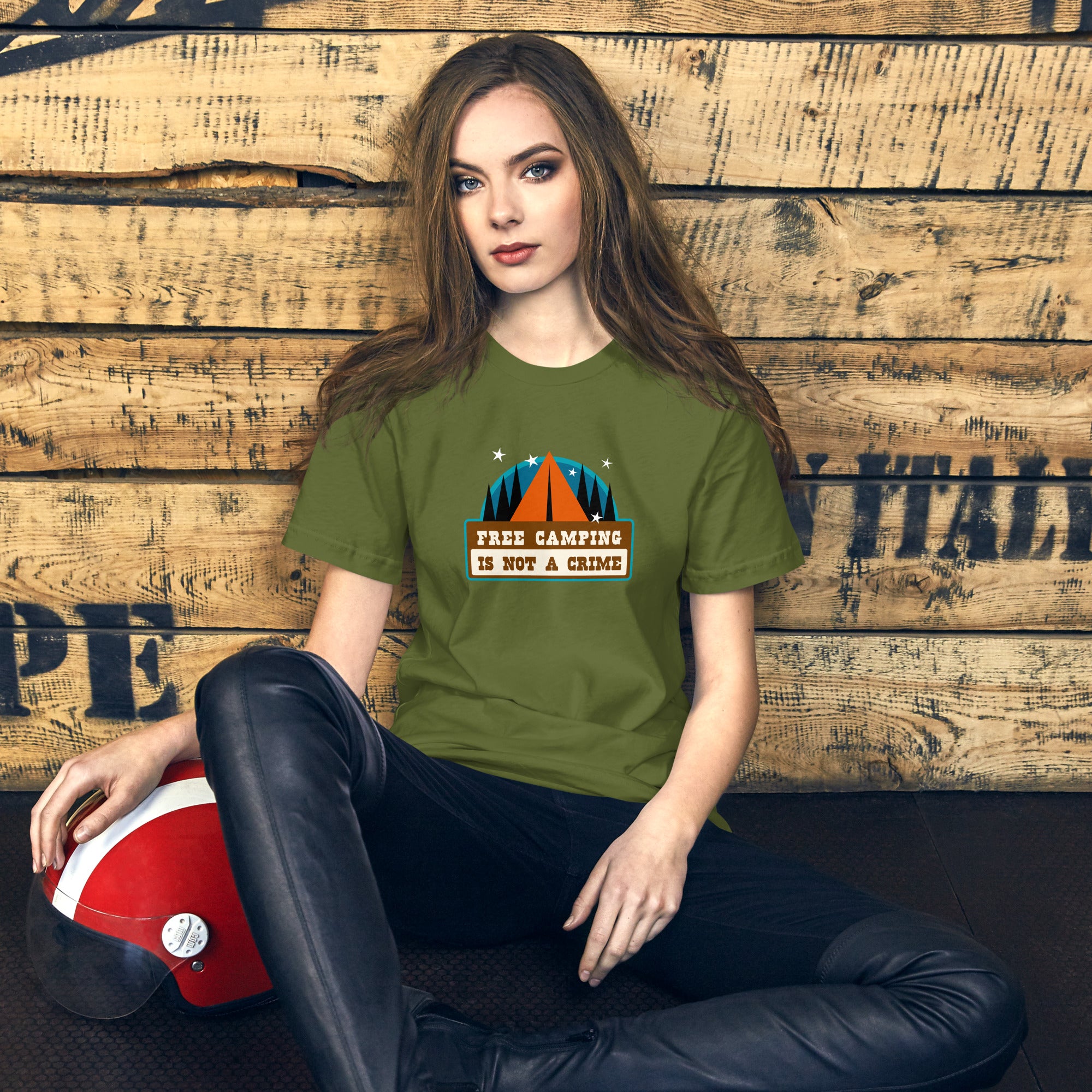 Unisex cotton t-shirt Free Camping is not a Crime on greens