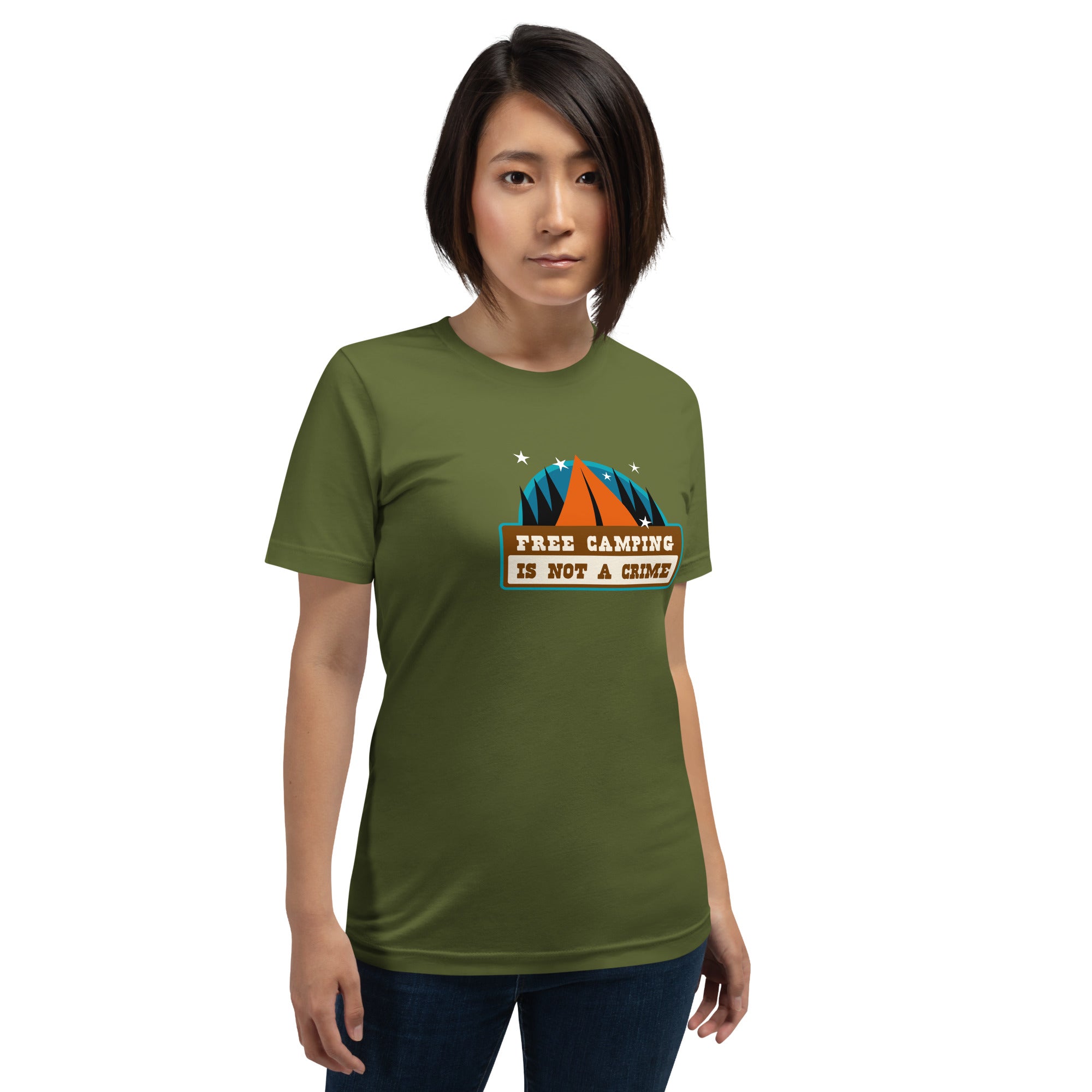 Unisex cotton t-shirt Free Camping is not a Crime on greens