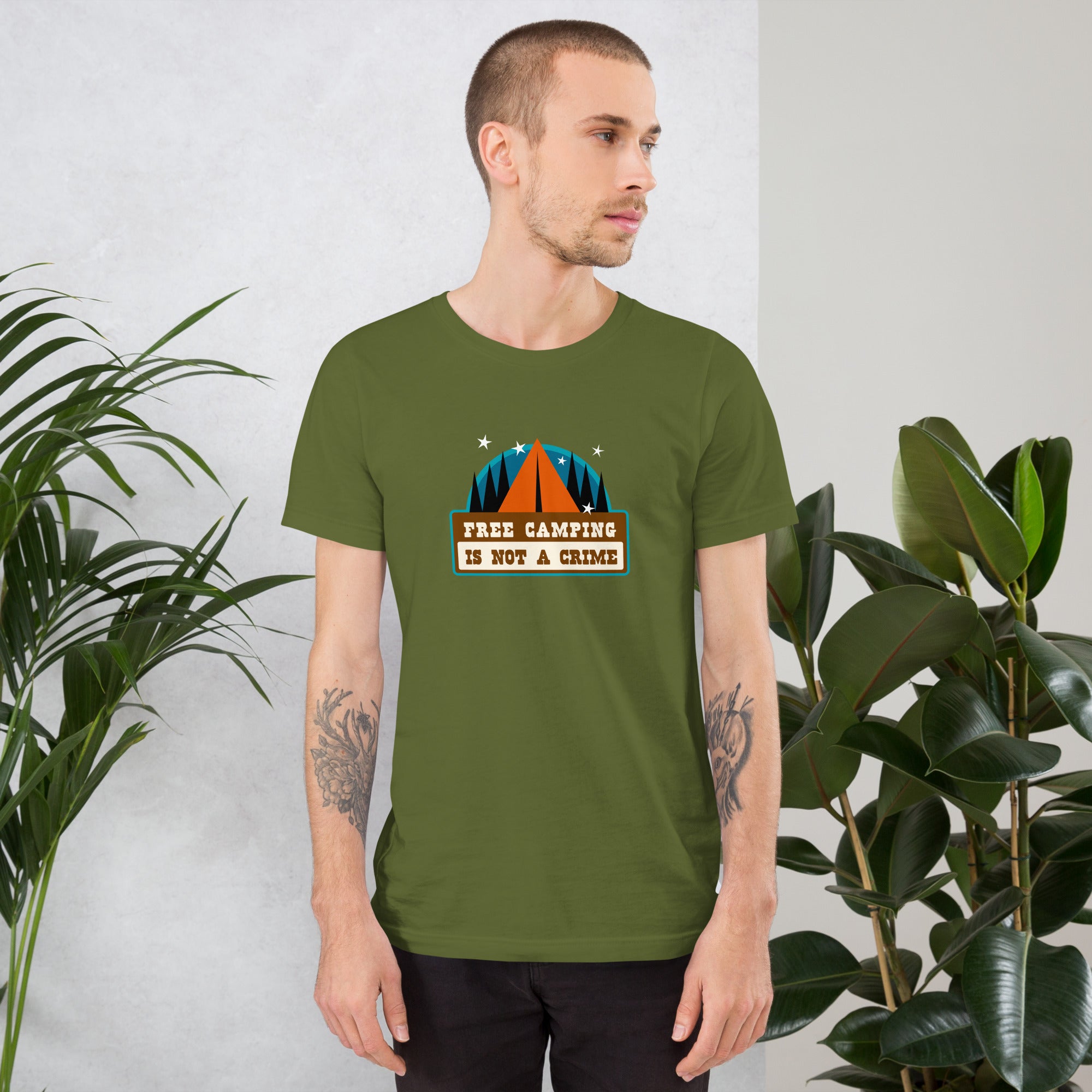 Unisex cotton t-shirt Free Camping is not a Crime on greens