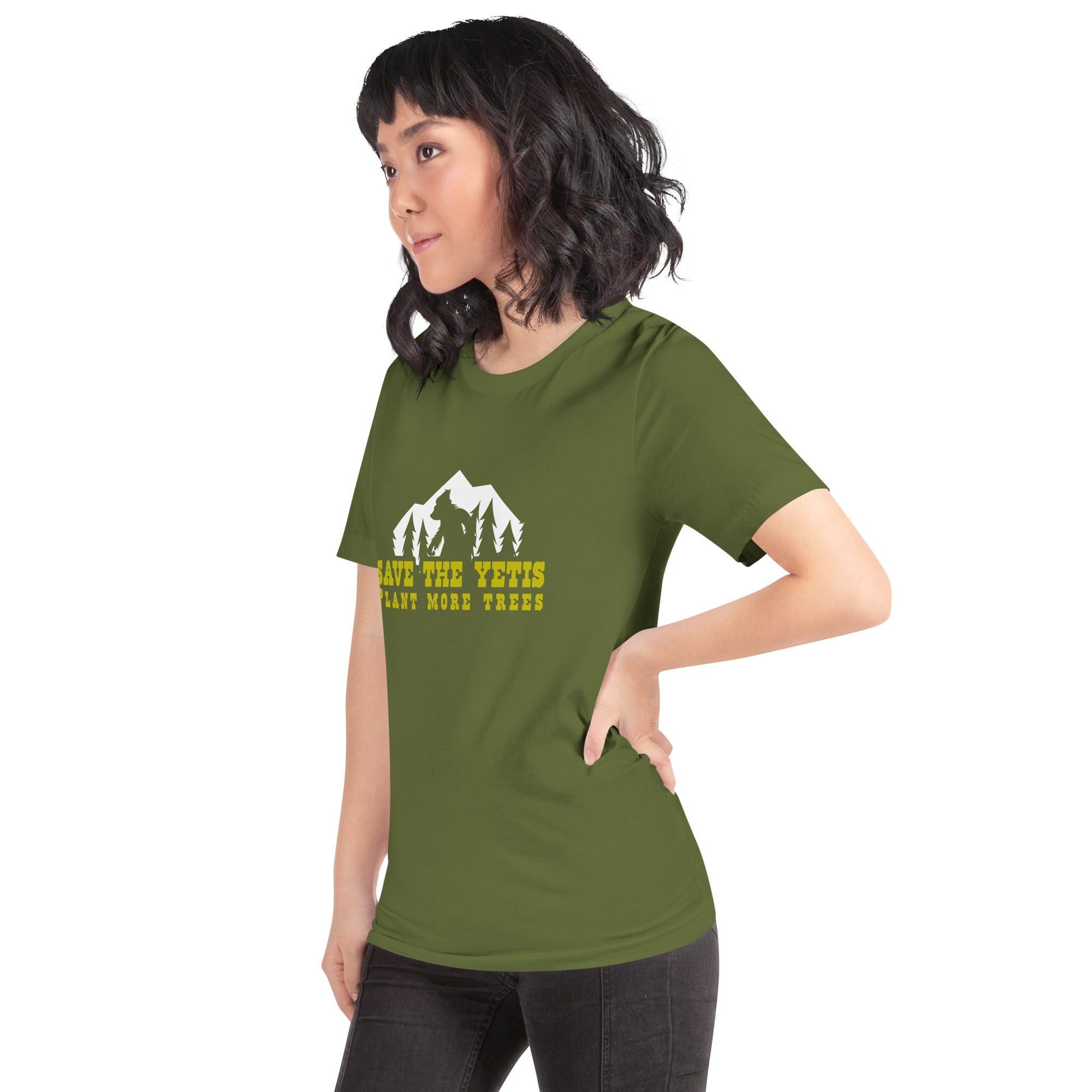 Unisex cotton t-shirt Save the Yetis Plant more Trees on Green (front & back)