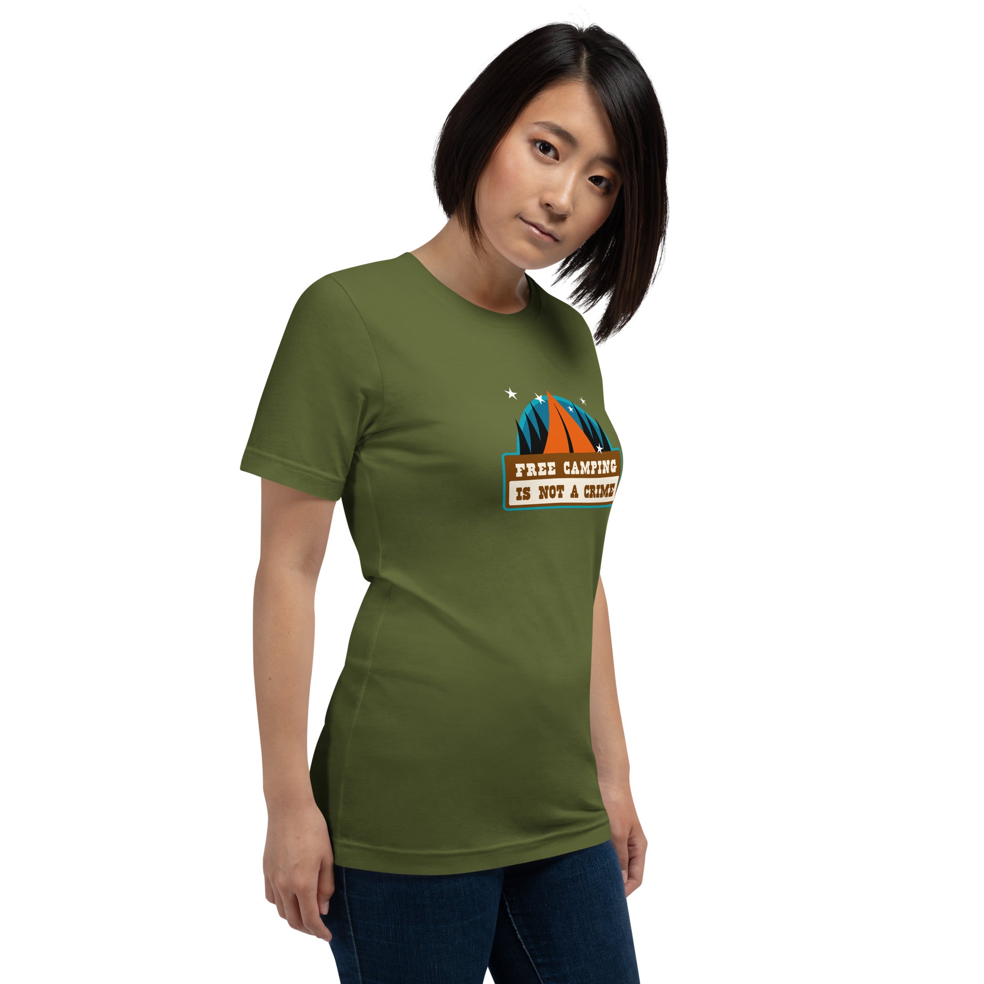 Unisex cotton t-shirt Free Camping is not a Crime on greens