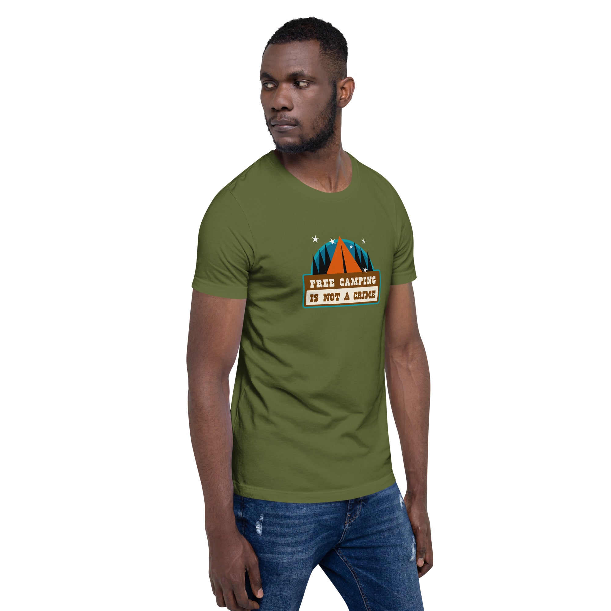 Unisex cotton t-shirt Free Camping is not a Crime on greens