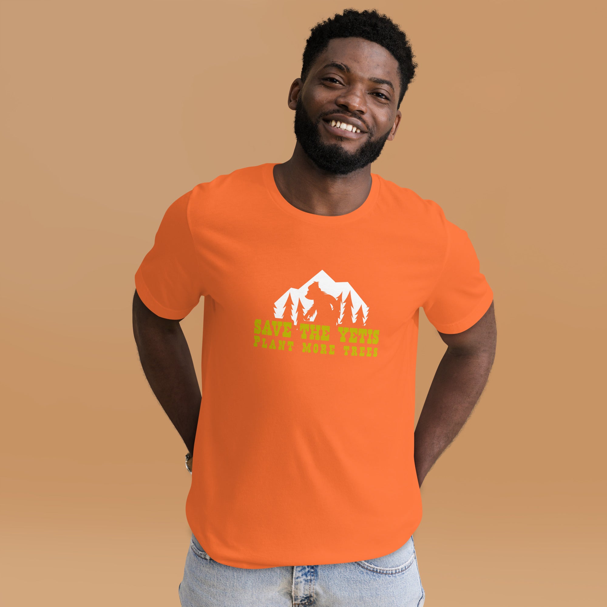 T-shirt en coton unisexe Save the Yetis Plant more Trees sur couleurs vives (face & dos)