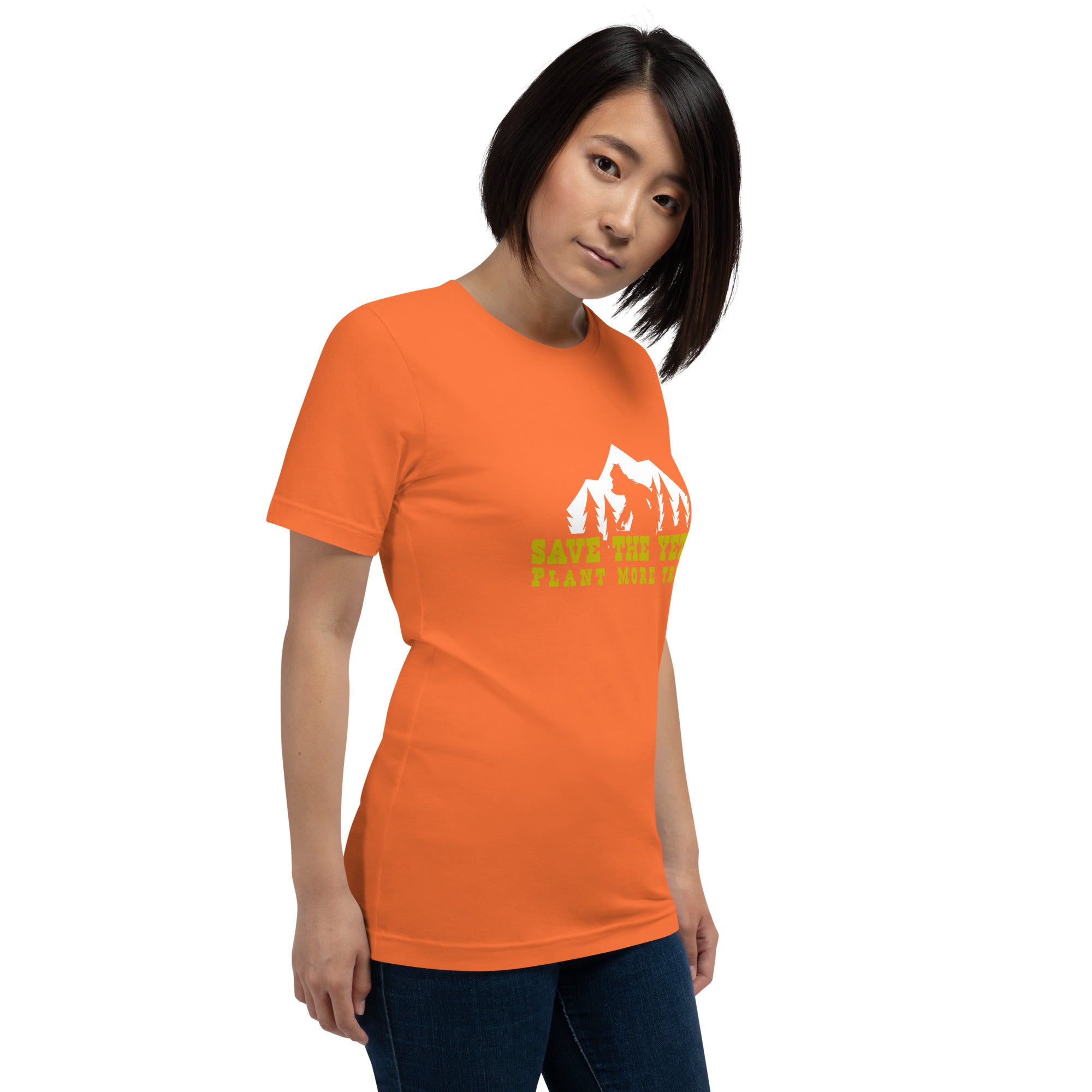 T-shirt en coton unisexe Save the Yetis Plant more Trees sur couleurs vives (face & dos)