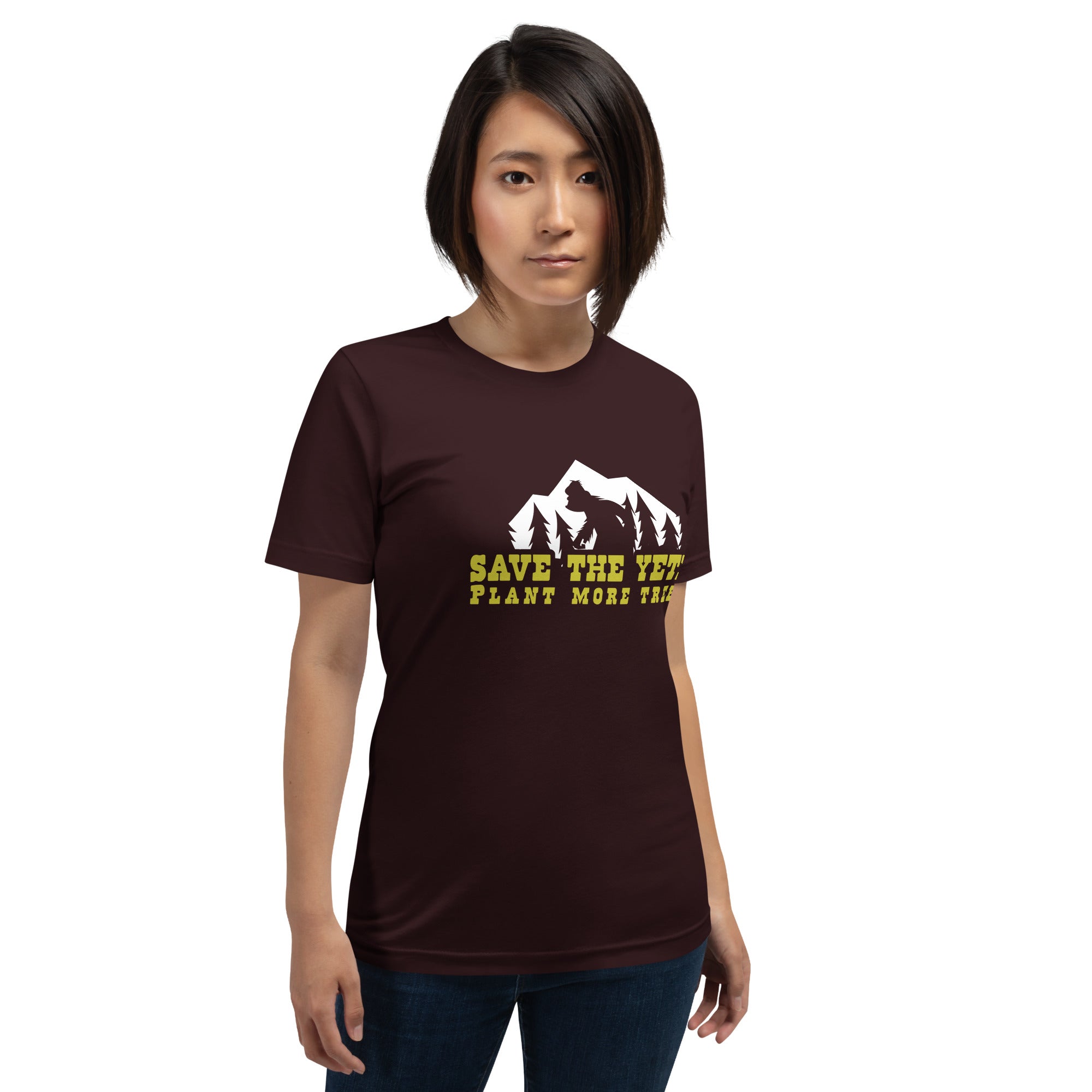 Unisex cotton t-shirt Save the Yetis Plant more Trees on dark colors (front & back)