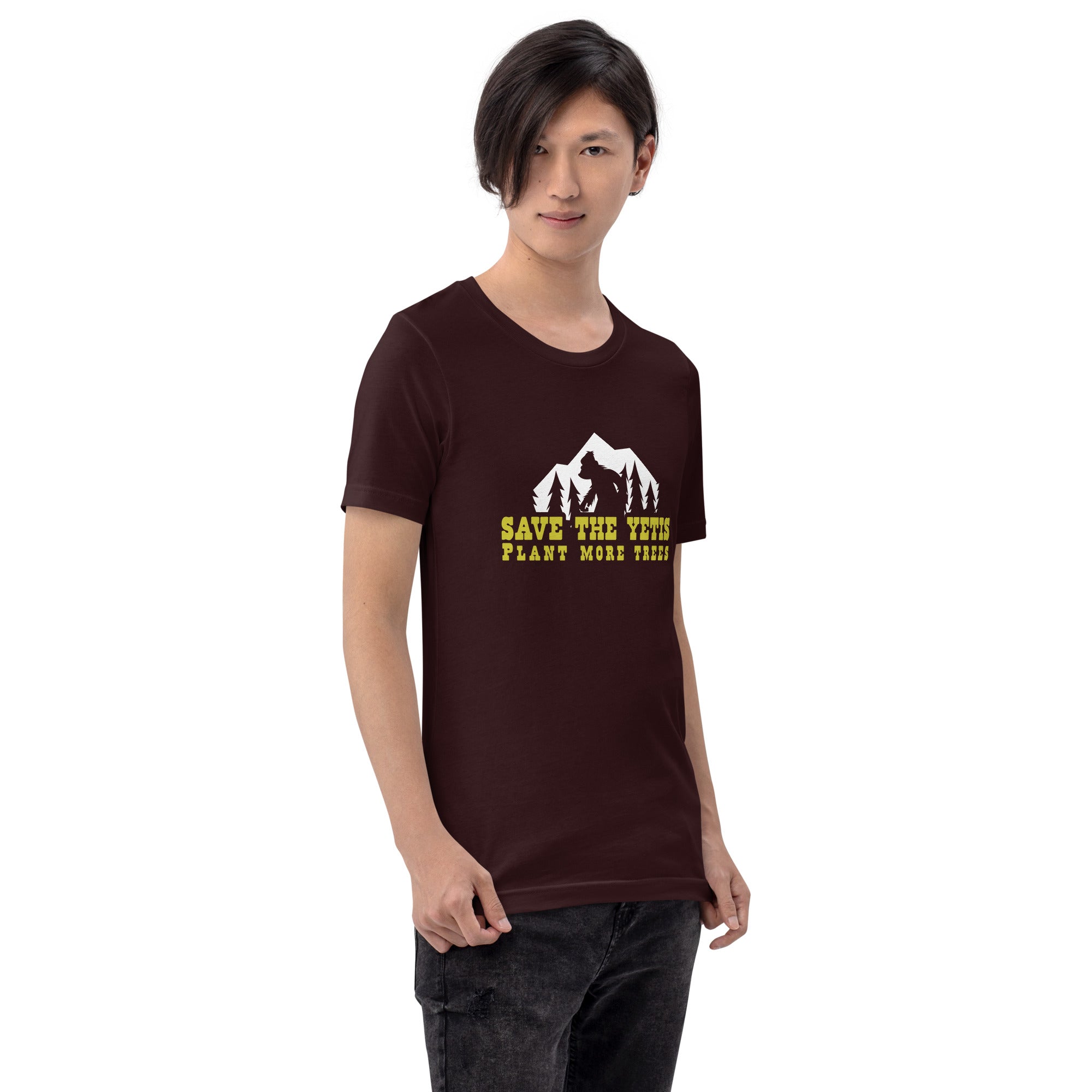 Unisex cotton t-shirt Save the Yetis Plant more Trees on dark colors (front & back)