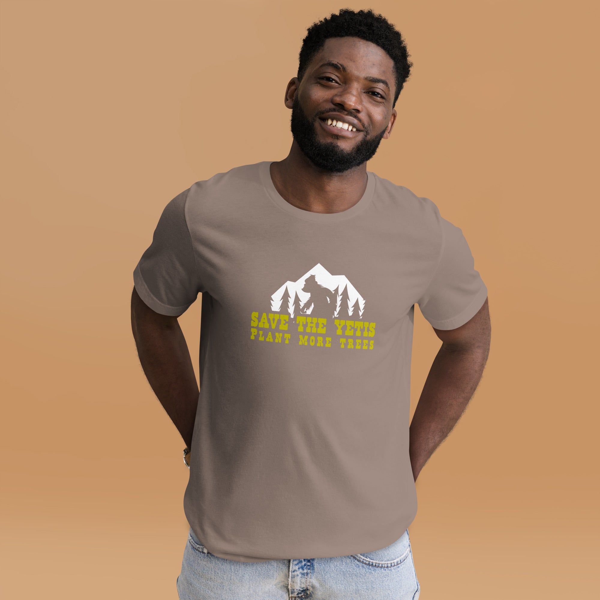 Unisex cotton t-shirt Save the Yetis Plant more Trees on dark colors (front & back)