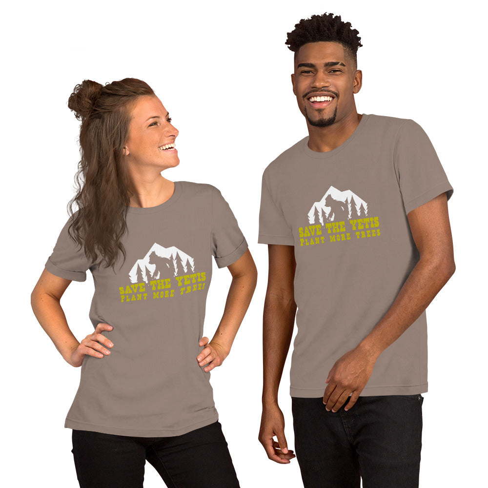 Unisex cotton t-shirt Save the Yetis Plant more Trees on dark colors (front & back)