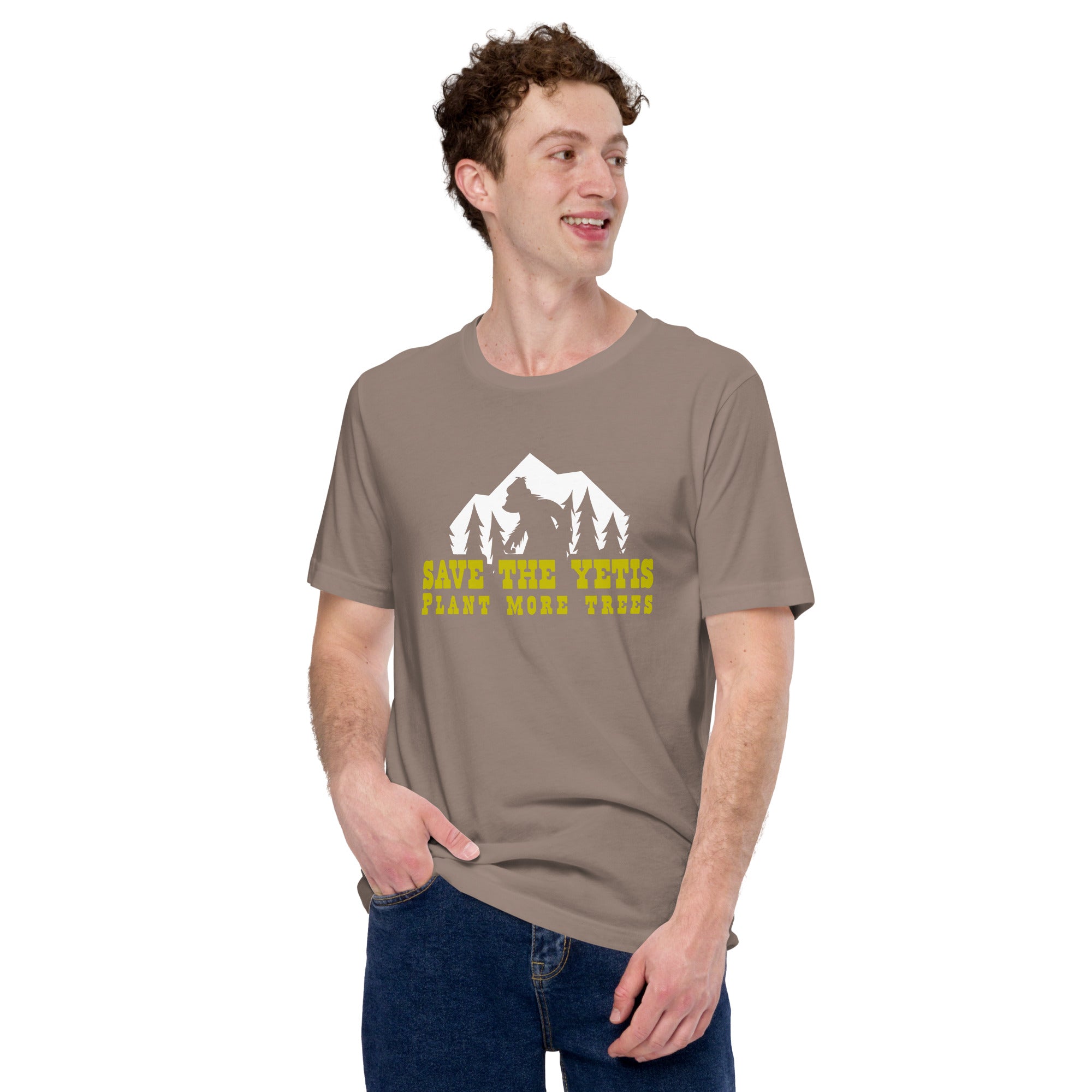 T-shirt en coton unisexe Save the Yetis Plant more Trees sur couleurs foncées