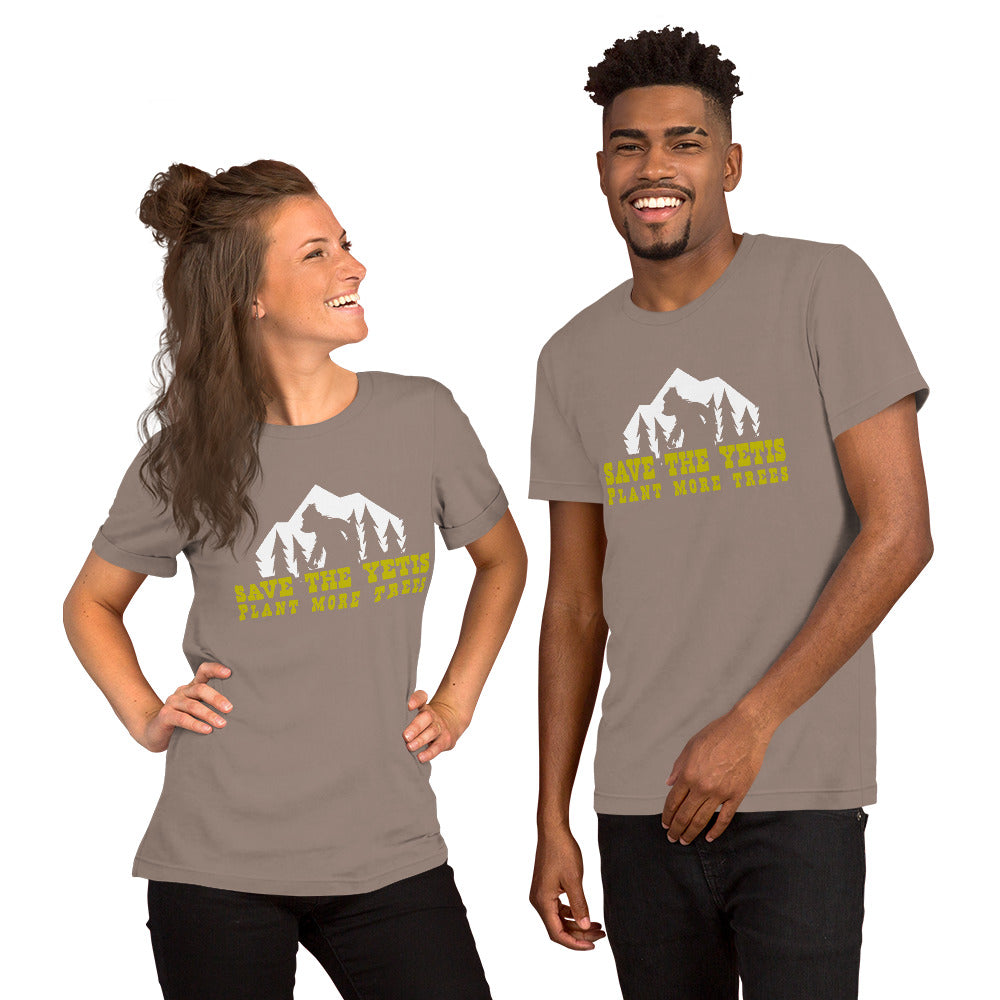 Unisex cotton t-shirt Save the Yetis Plant more Trees on dark colors