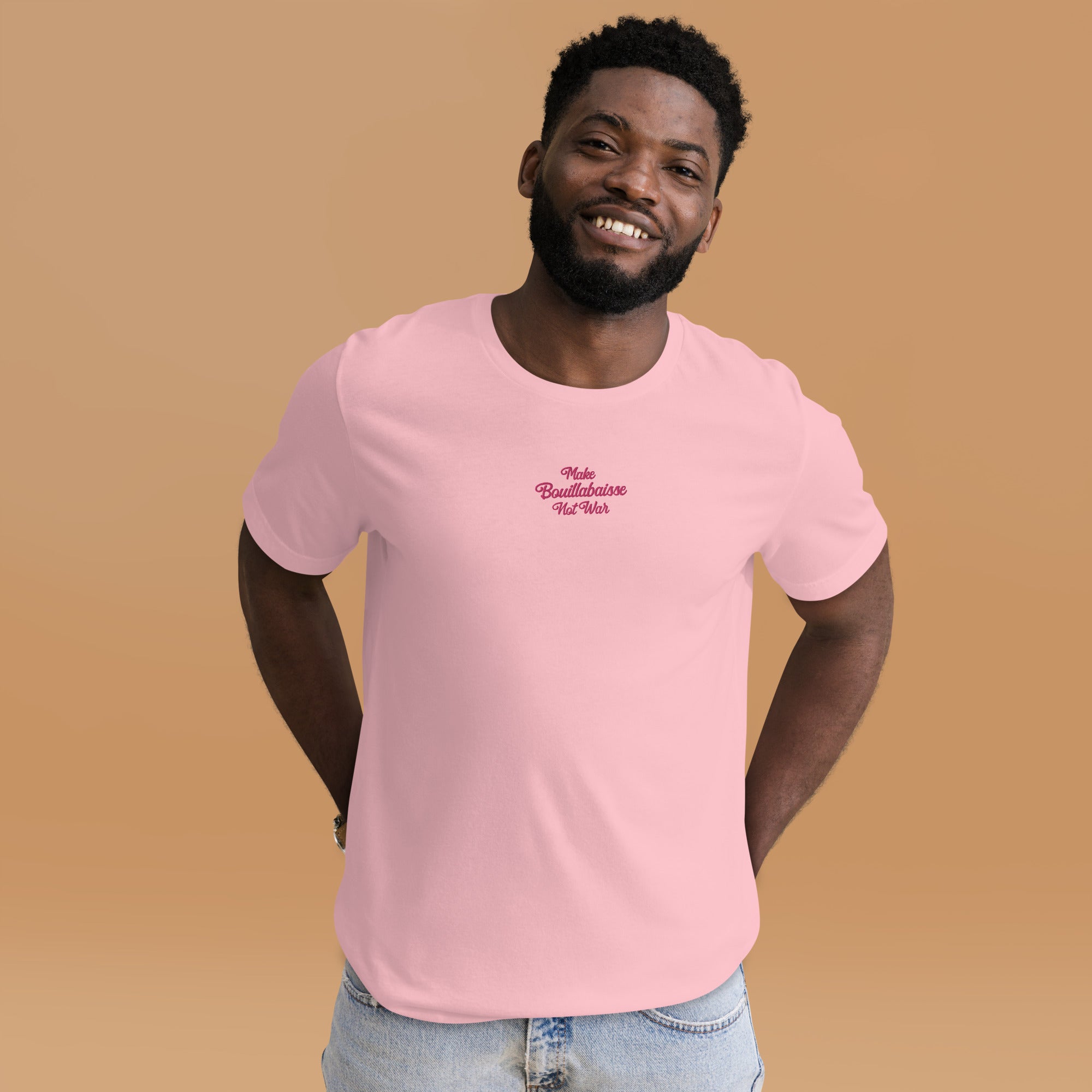 Unisex t-shirt Make Bouillabaisse Not War Text Only flamingo embroidered pattern on light colors