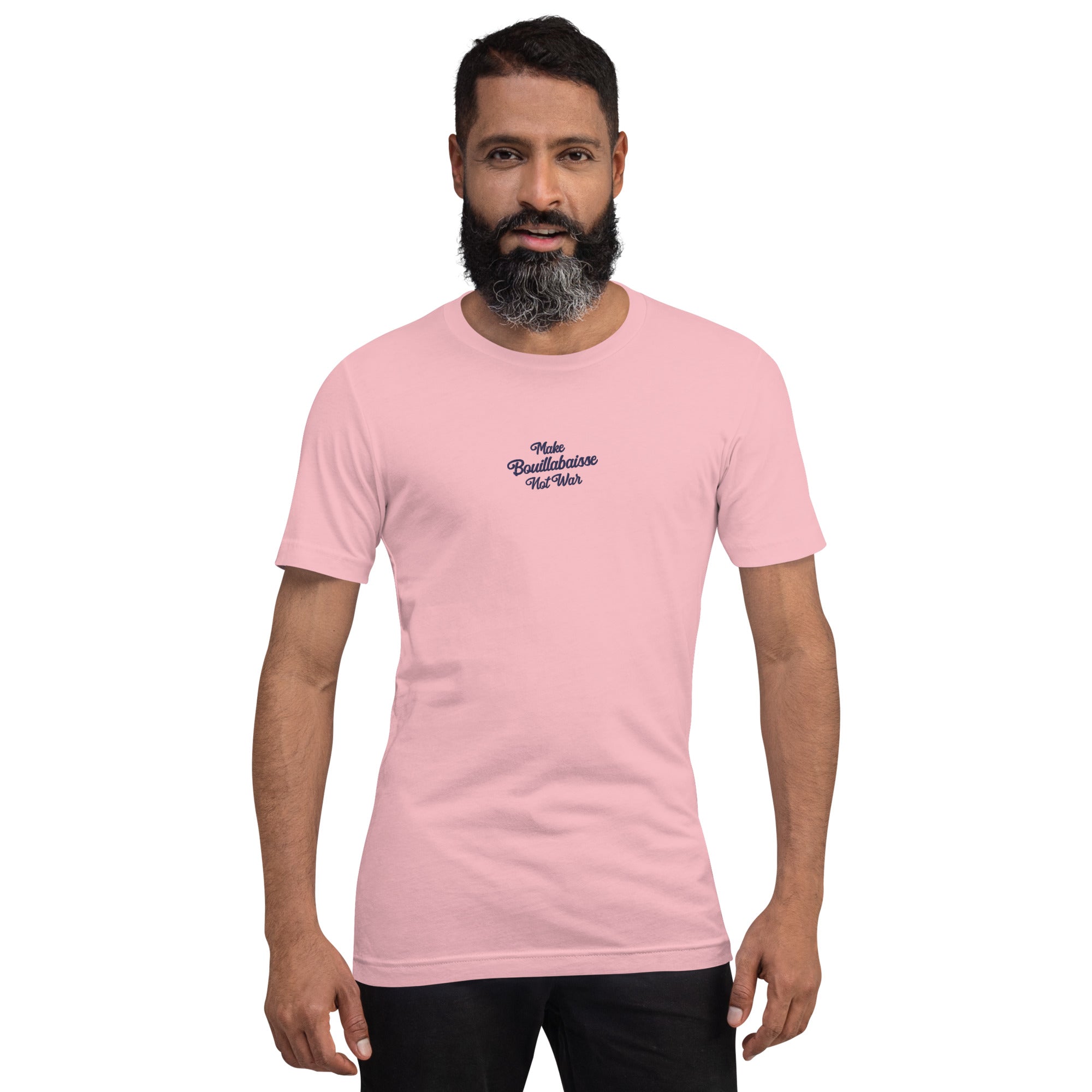 Unisex cotton t-shirt Make Bouillabaisse Not War Navy embroidered pattern on light colors