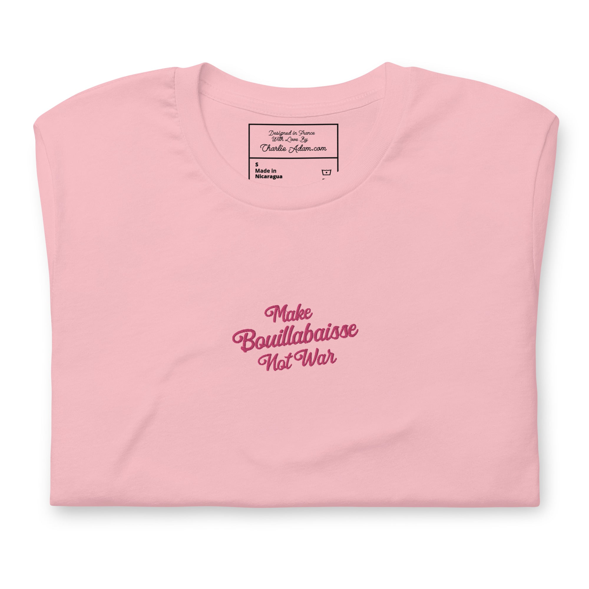 T-shirt en coton unisexe Make Bouillabaisse Not War Text Only brodé flamingo sur couleurs claires